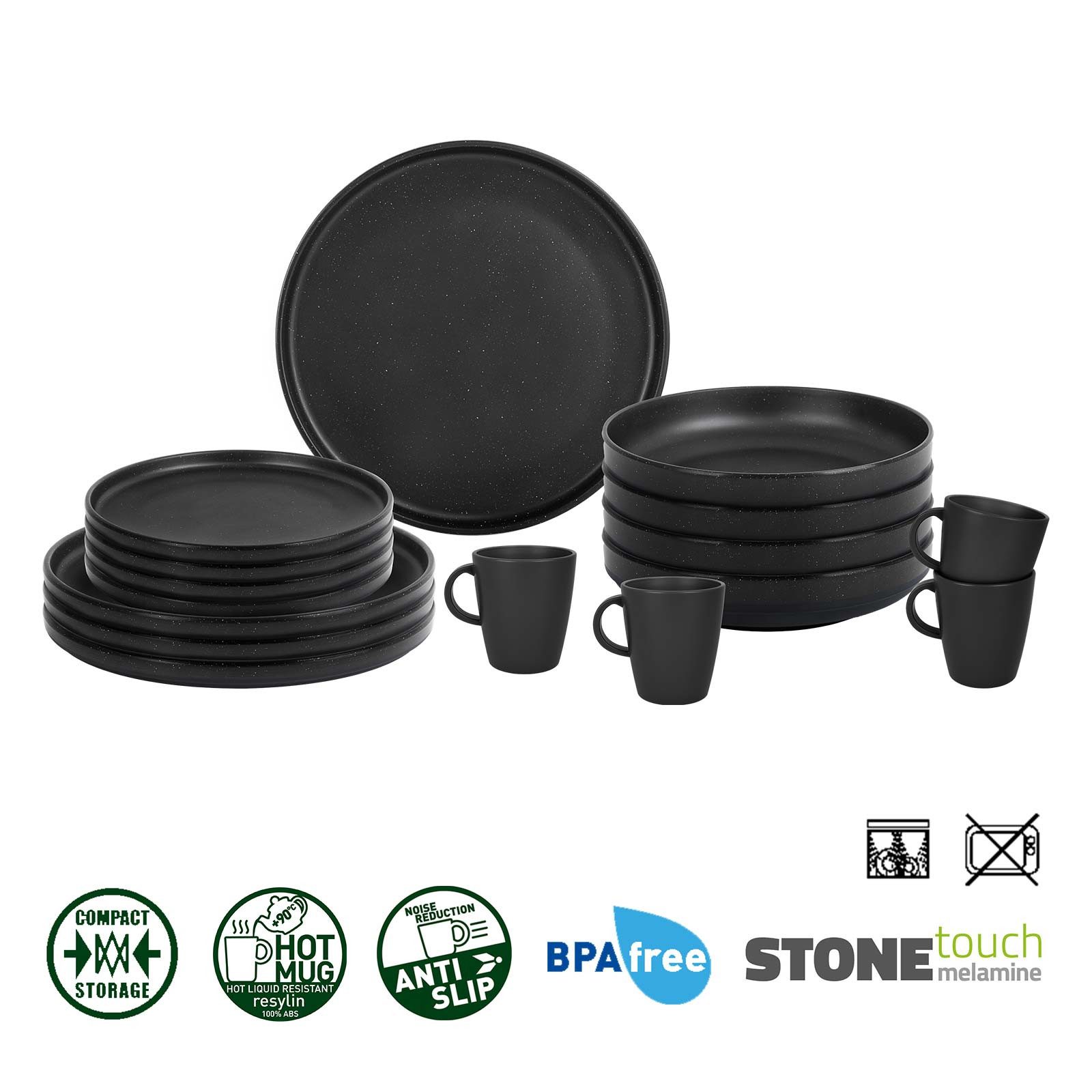 BRUNNER Geschirr-Set BRUNNER Camping Geschirrset ODETTE (7, 12, 16-tlg) BLACK AntiSlip (16-tlg)