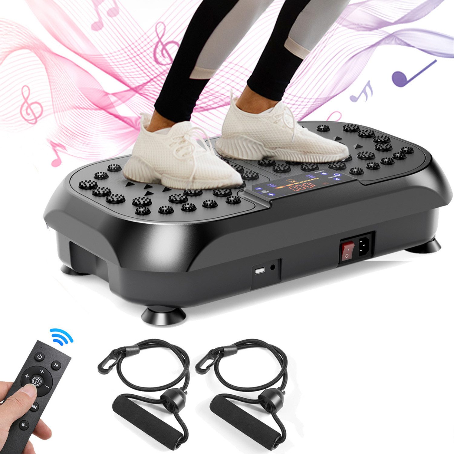 LETGOSPT Vibrationsplatte Vibrationsplatte Размер 57,5 x 42,5 x 17 cm, Bis 200KG, 200 W, 120 Intensitätsstufen, (mit Trainingsbandern, Ganzkörpertraining zu Hause), Ultra leisem Motor, Fernbedienung, Seitliche Transporträder