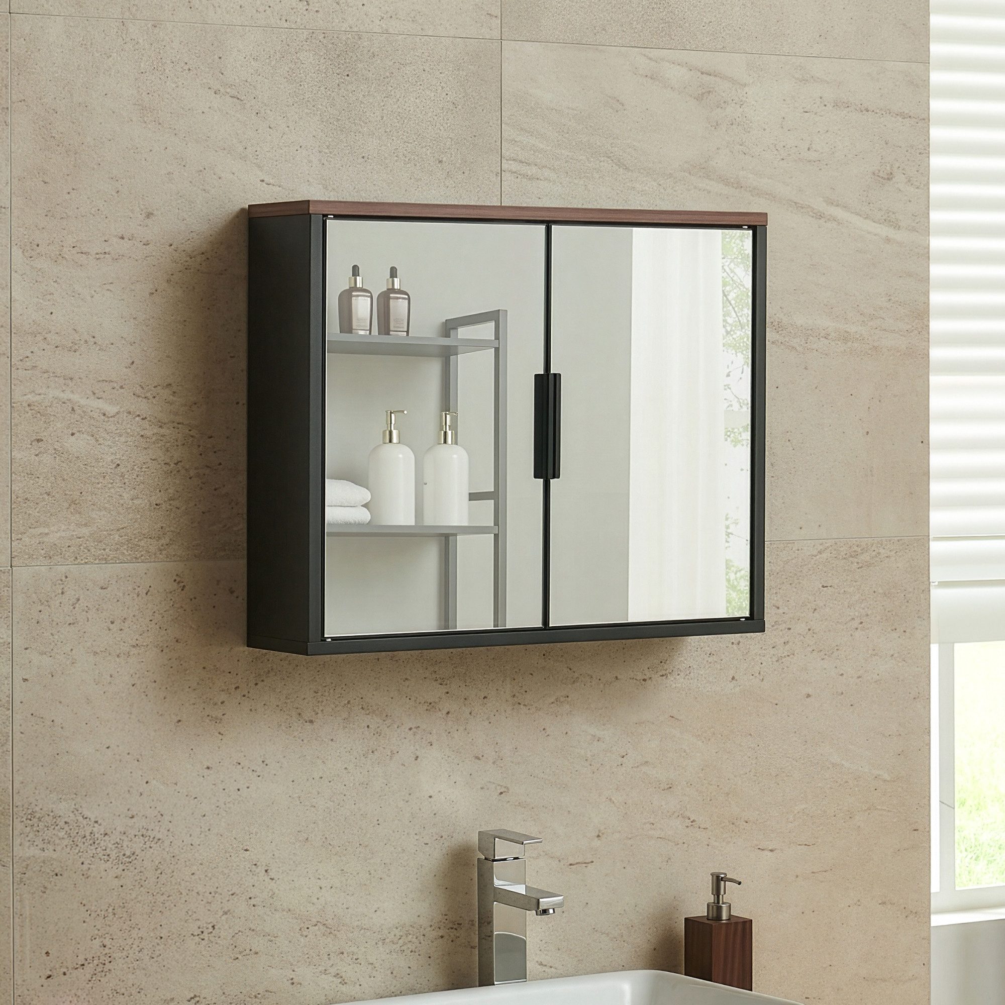 en.casa Badezimmerspiegelschrank »Trond« mit 2 Türen Wandmontage 50x60x15 cm Schwarz/Walnussoptik