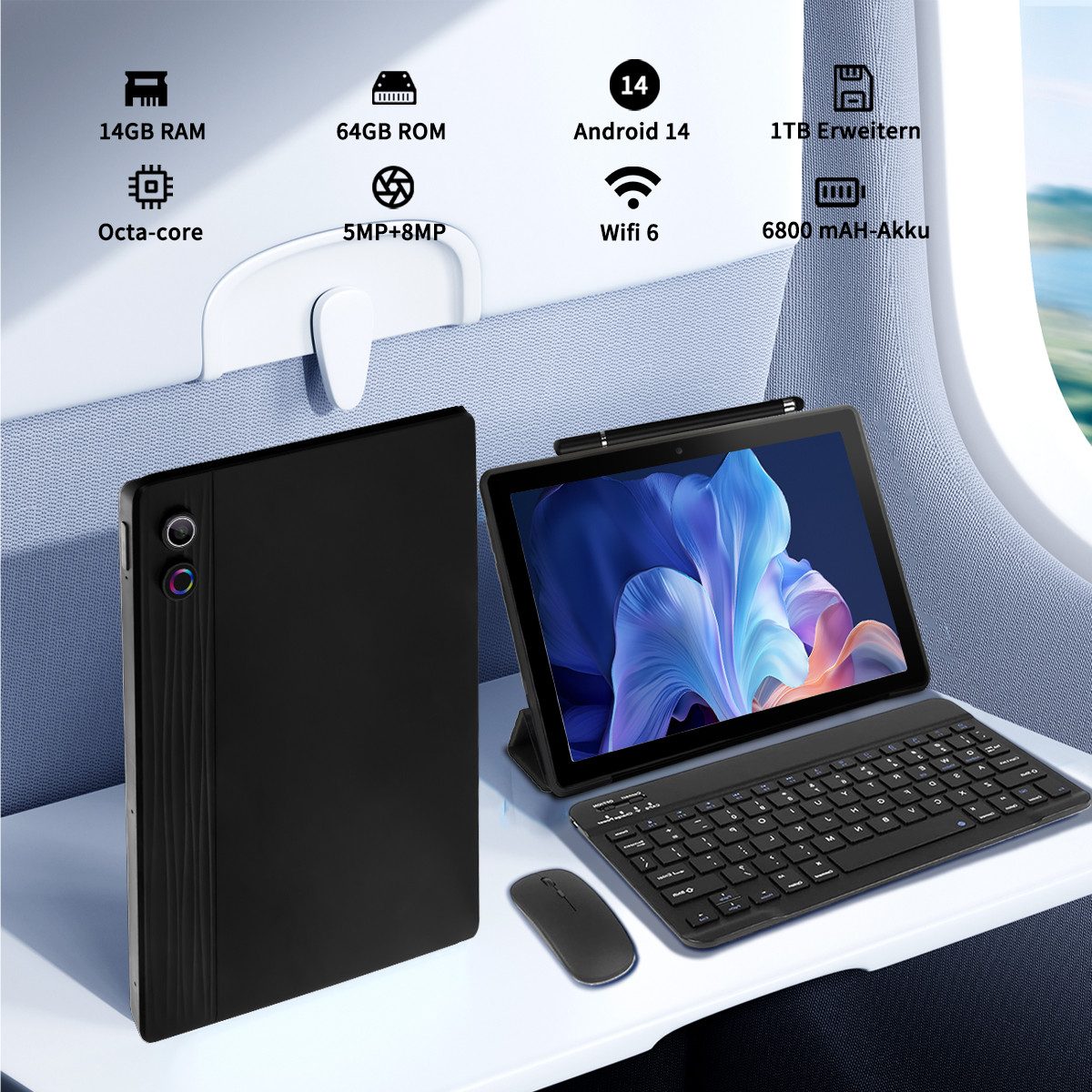 BUFO 11 Zoll Octa-Core 14(3+11)GB RAM+64GB 6800mAh, mit Tastatur Maus Stift Tablet (11", 64 GB, Android, AIC8800D80 802.11 a/b/g/n/ax/ac (WiFi 6) + BT5.3, Andro – Bild 4 von 5