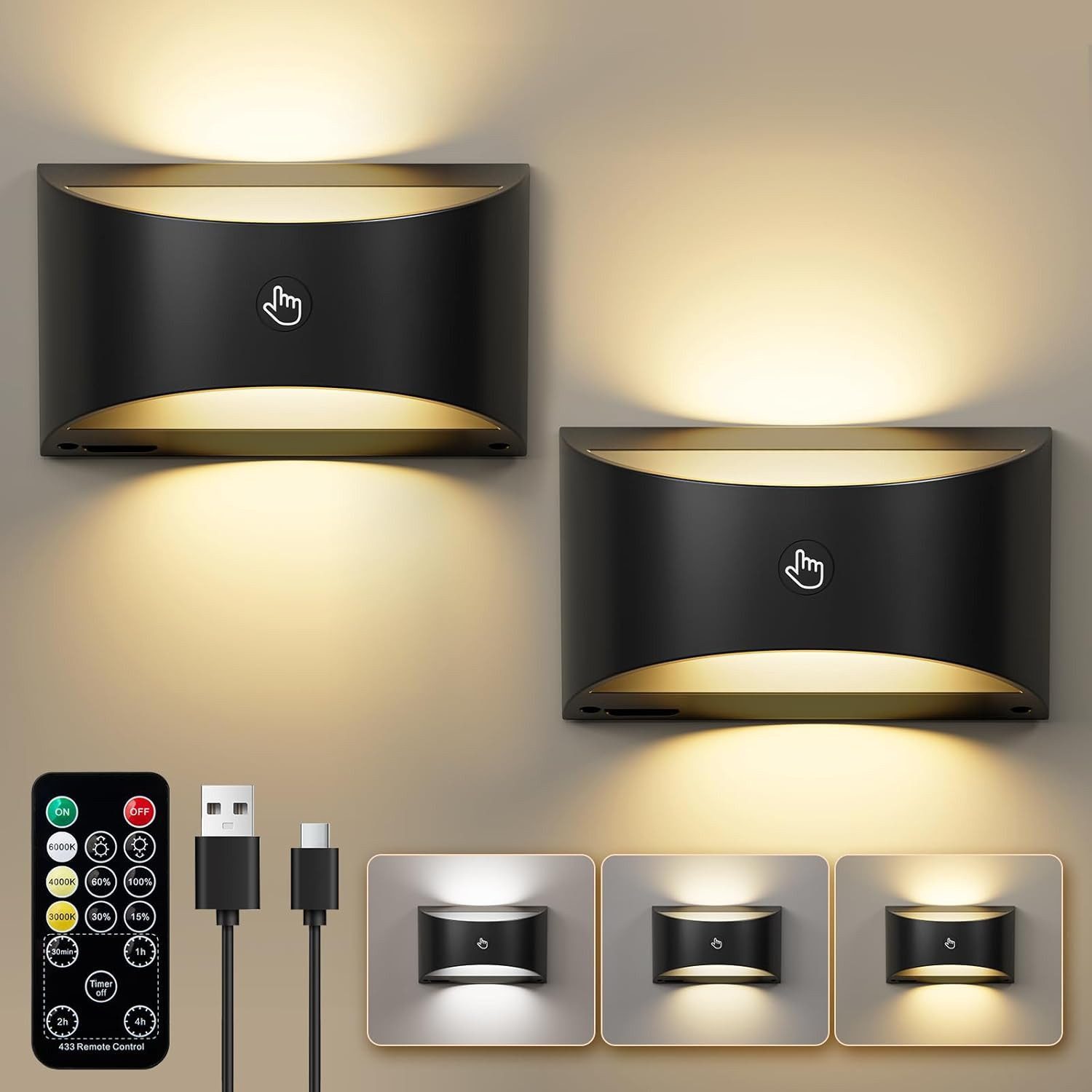 Futicare LED Wandleuchte für Innen, LED Wandleuchte kabellos magnetisch, 3 Farben dimmbar, (3000K, 4000K, 6000K),LED-Leuchtmittel fest verbaut, Akku-Lampe mit Fernbedienung, Up & Down Licht für Schlafzimmer & Flur