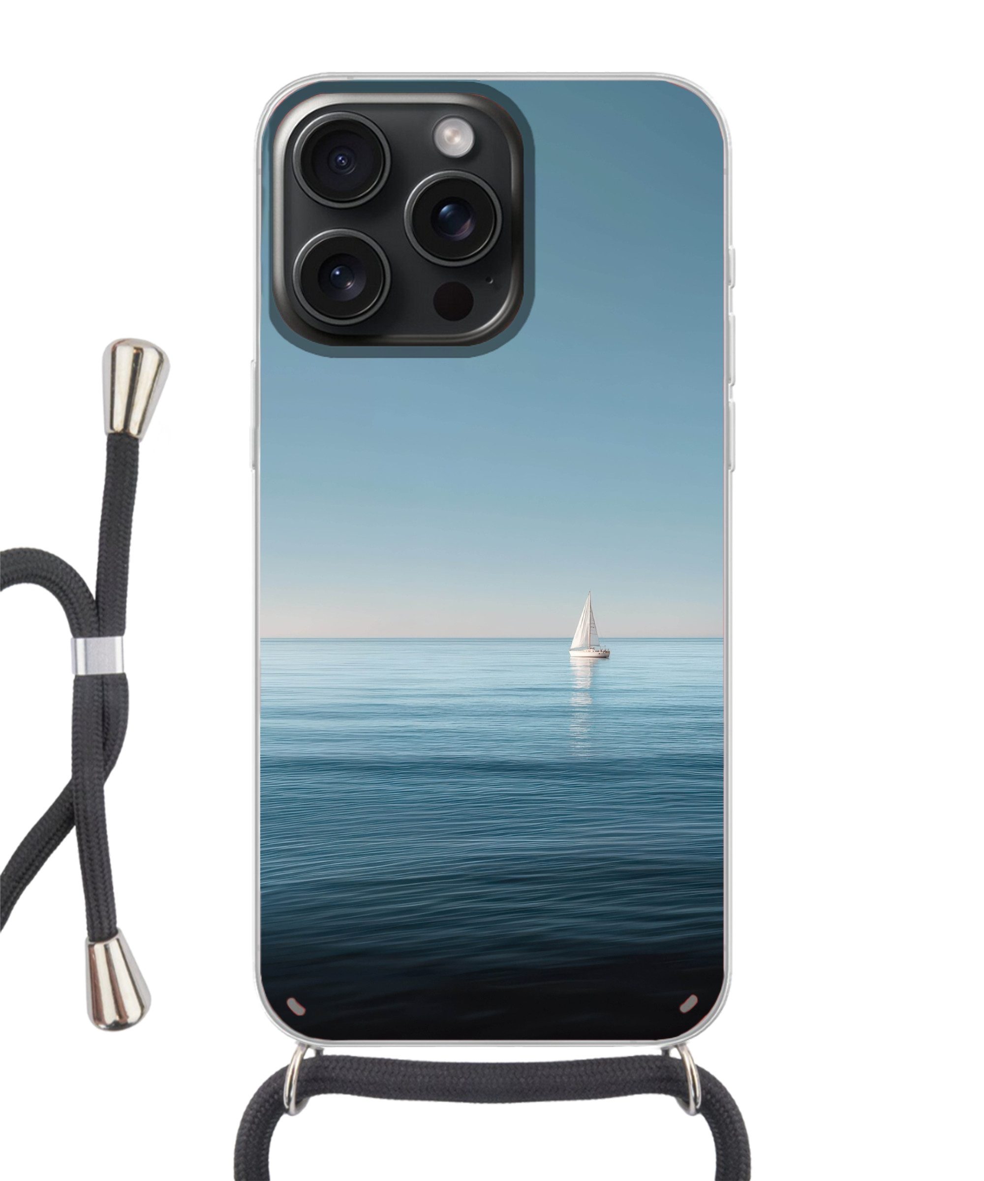 MuchoWow Handyhülle für Apple iPhone 15 Pro Segelboot - Ruhige See - Strahlend blauer Himm, Tragbare Handyhüllen mit Kette zum umhängen, Handykette Handyband