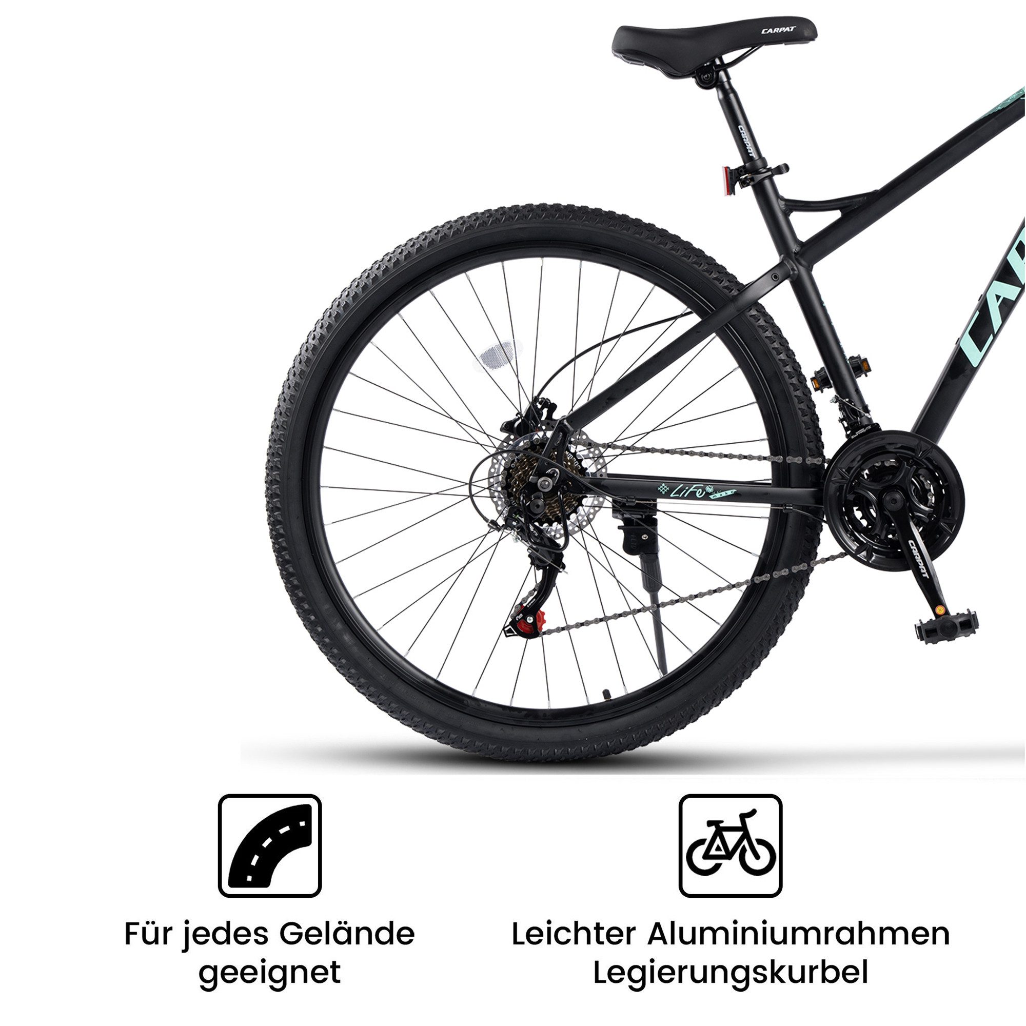 CARPAT SPORT Mountainbike 29 Zoll Fahrrad für Herren Damen Jungen, 21 Gang Shimano Tourney Schaltwerk, Kettenschaltung, Aluminium Rahmen, Jugendfahrrad MTB Hardtail Schnellverschlusssystem