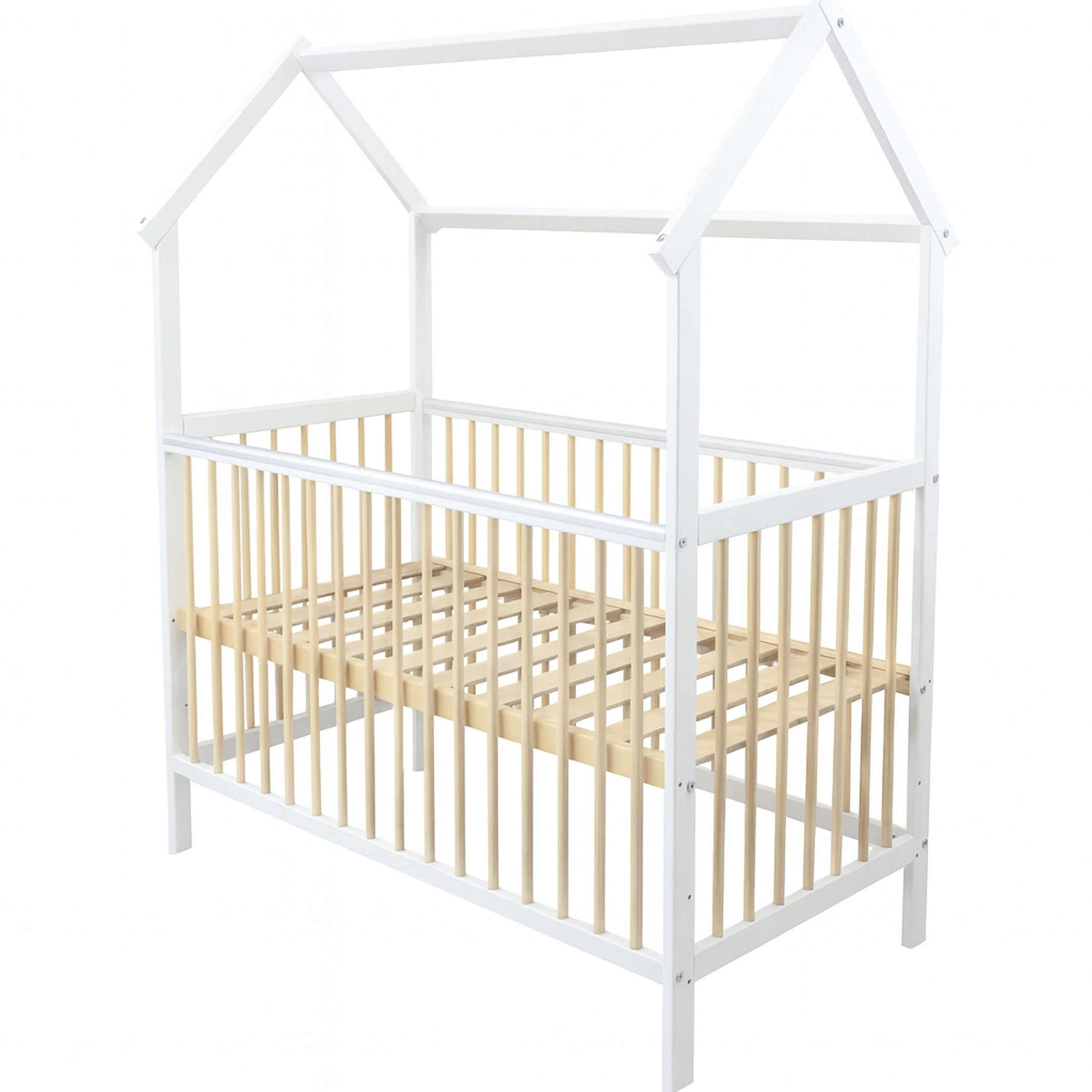 Baby-Delux Komplettbett Hausbett Babybett Kiefer weiß Schutzgitter, Kinderbett 60x120 cm weiß Kiefer