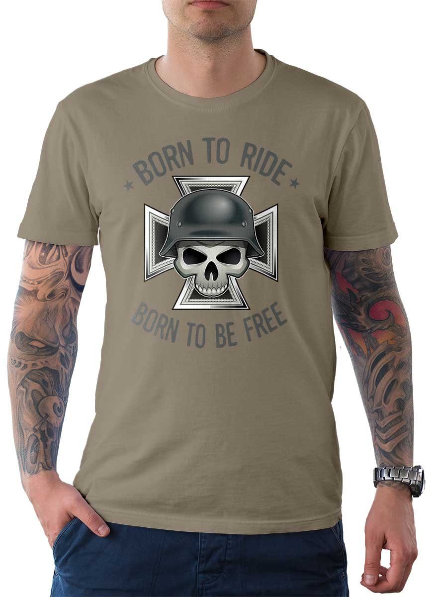Rebel On Wheels T-Shirt Herren T-Shirt Tee Born To Ride German Skull mit Biker / Motorrad Motiv Zink
