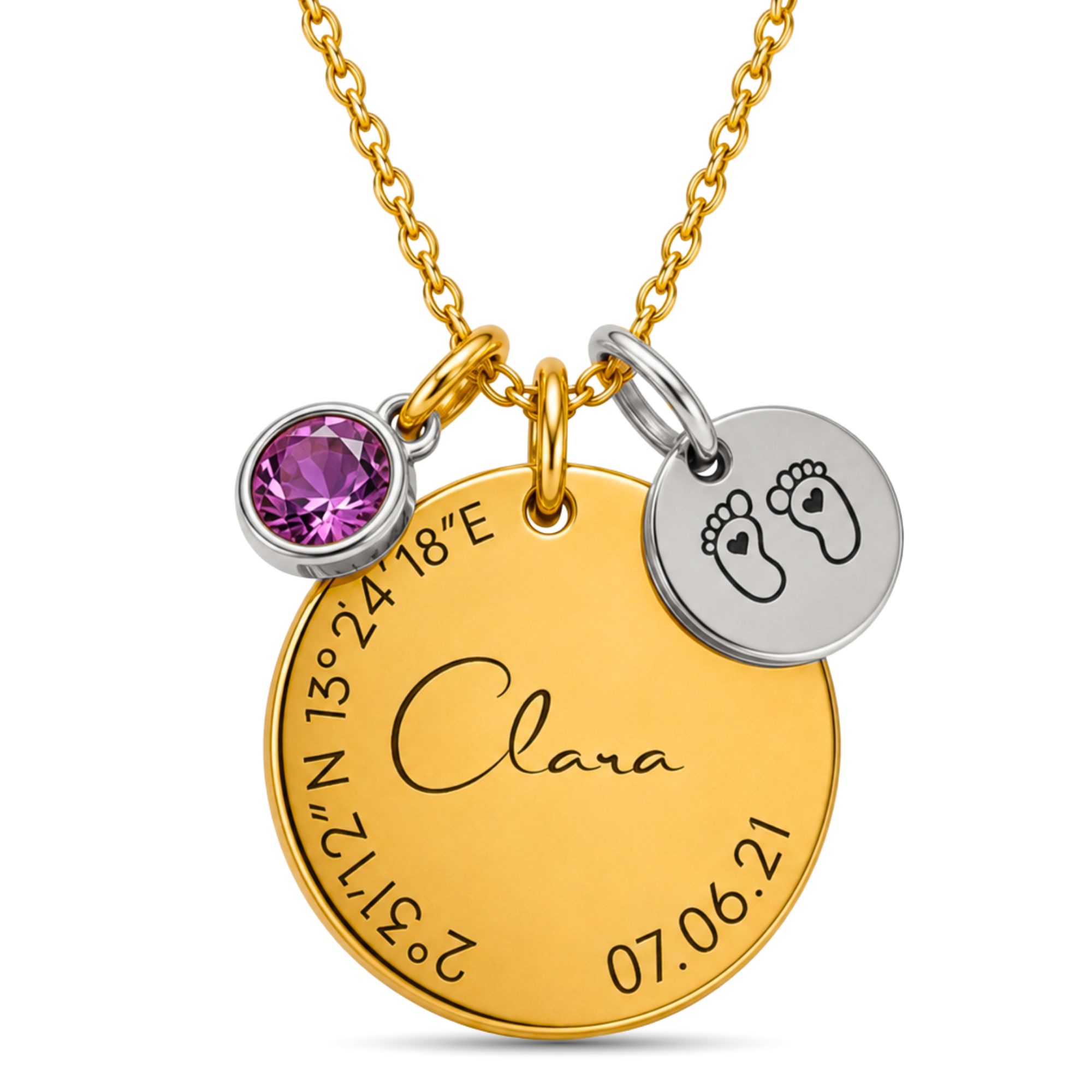 BS Schmuckdesign Kette mit Anhänger mit Gravur Personalisierte Halskette Damen Gravur Geburtsstein Koordinaten (inkl. Gravur), vollständig personalisierbar inkl. Geschenkbox