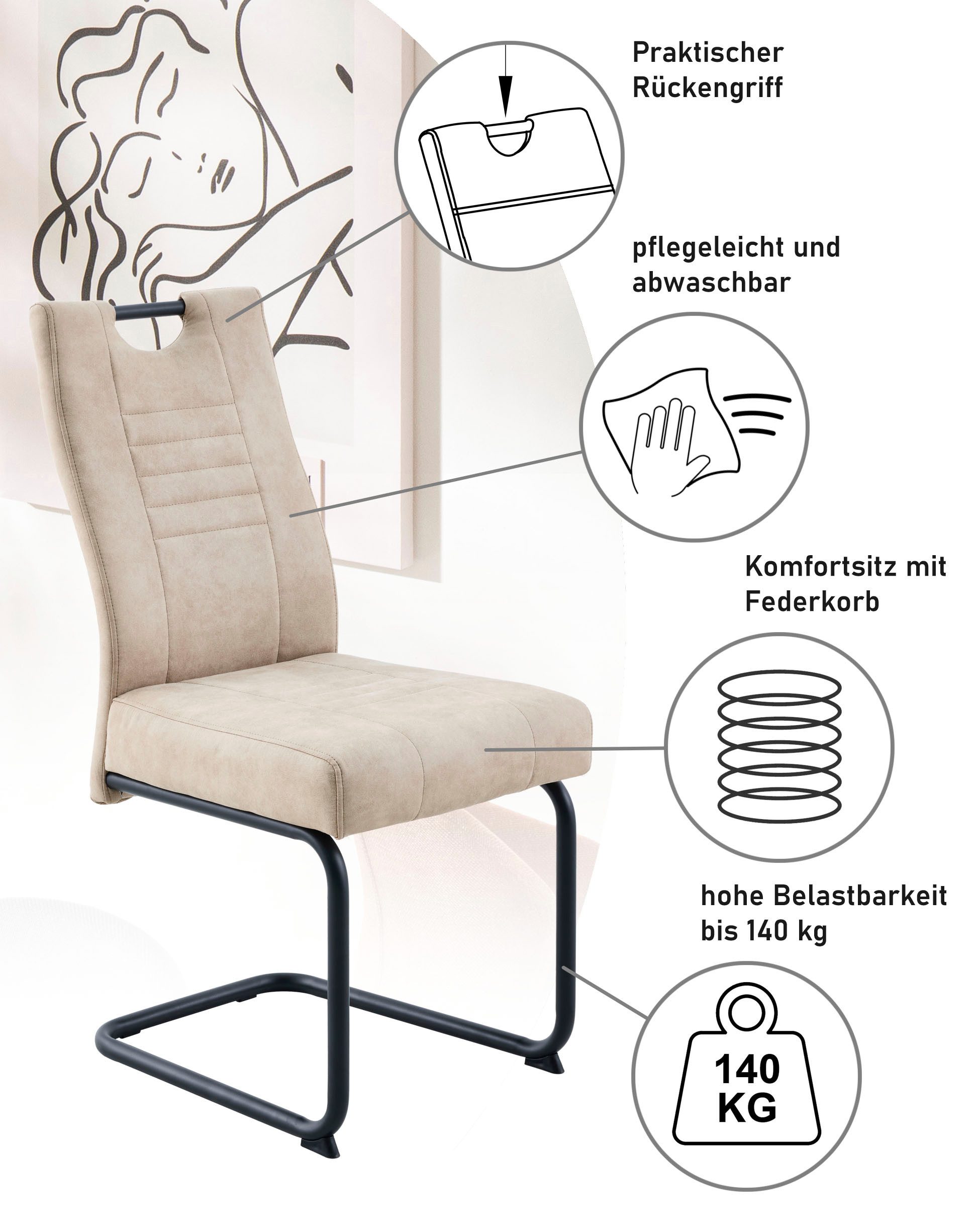 OTTO home Essgruppe "Altona", Esstisch ausziehbar plus 6 Stühle, TOPSELLER!, (7-tlg., Esstisch ausziehbar 140 - 180 cm, 6 Freischwinger), Säulentisch 140-180x90 cm, Stuhl mit Federkorb, 140 kg belastbar