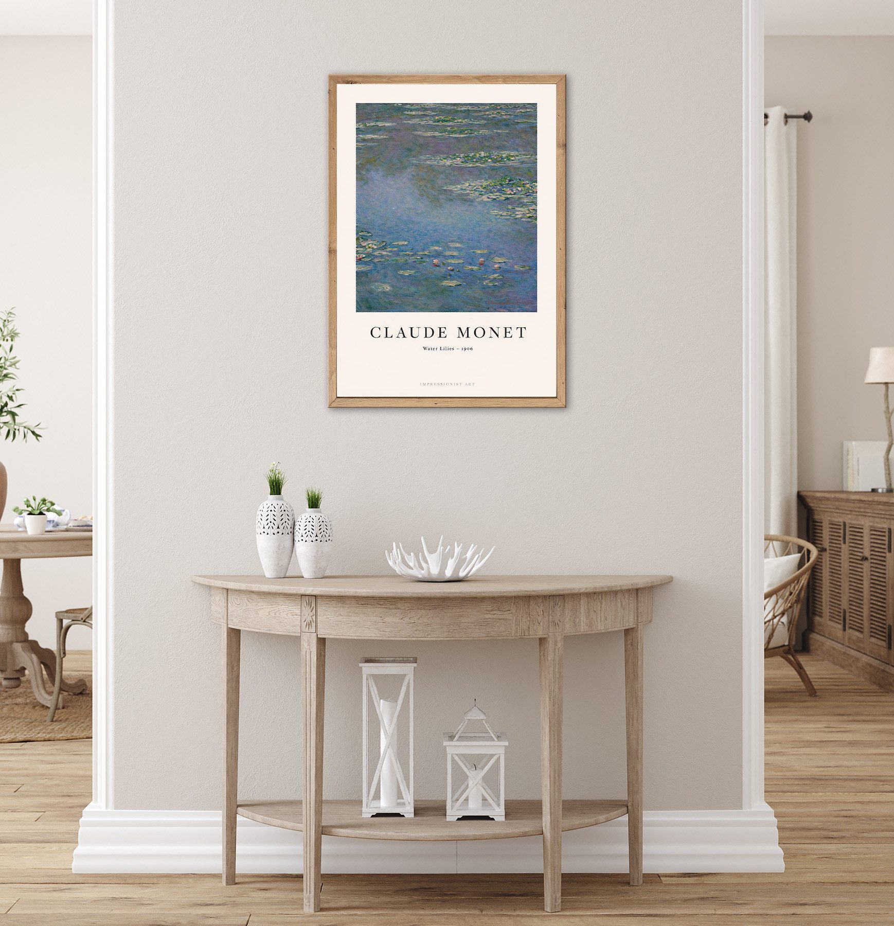Bönninghoff Bild mit Rahmen Wandbild gerahmt SEEROSEN 50x70 cm – Sommerliches Küstenmotiv, Blumen, Garten, Wasser, mit dekorativem Rahmen