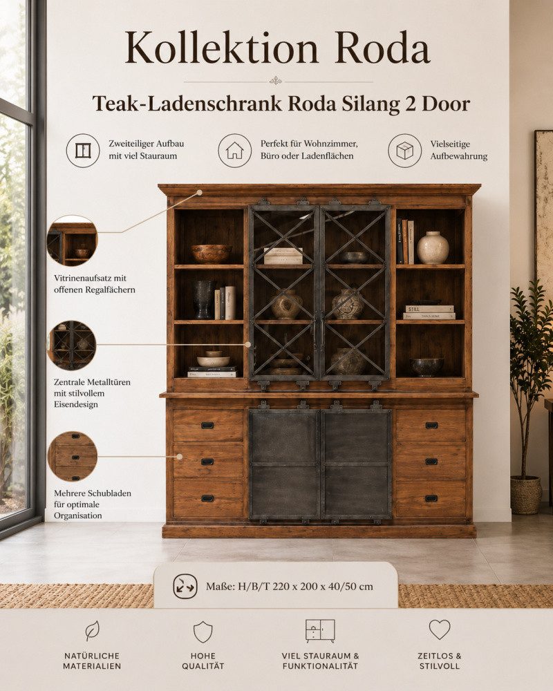 Wohnpalast Vitrine Teak Ladenschrank Roda Silang 2 Tür – Massivholz trifft Industriestil