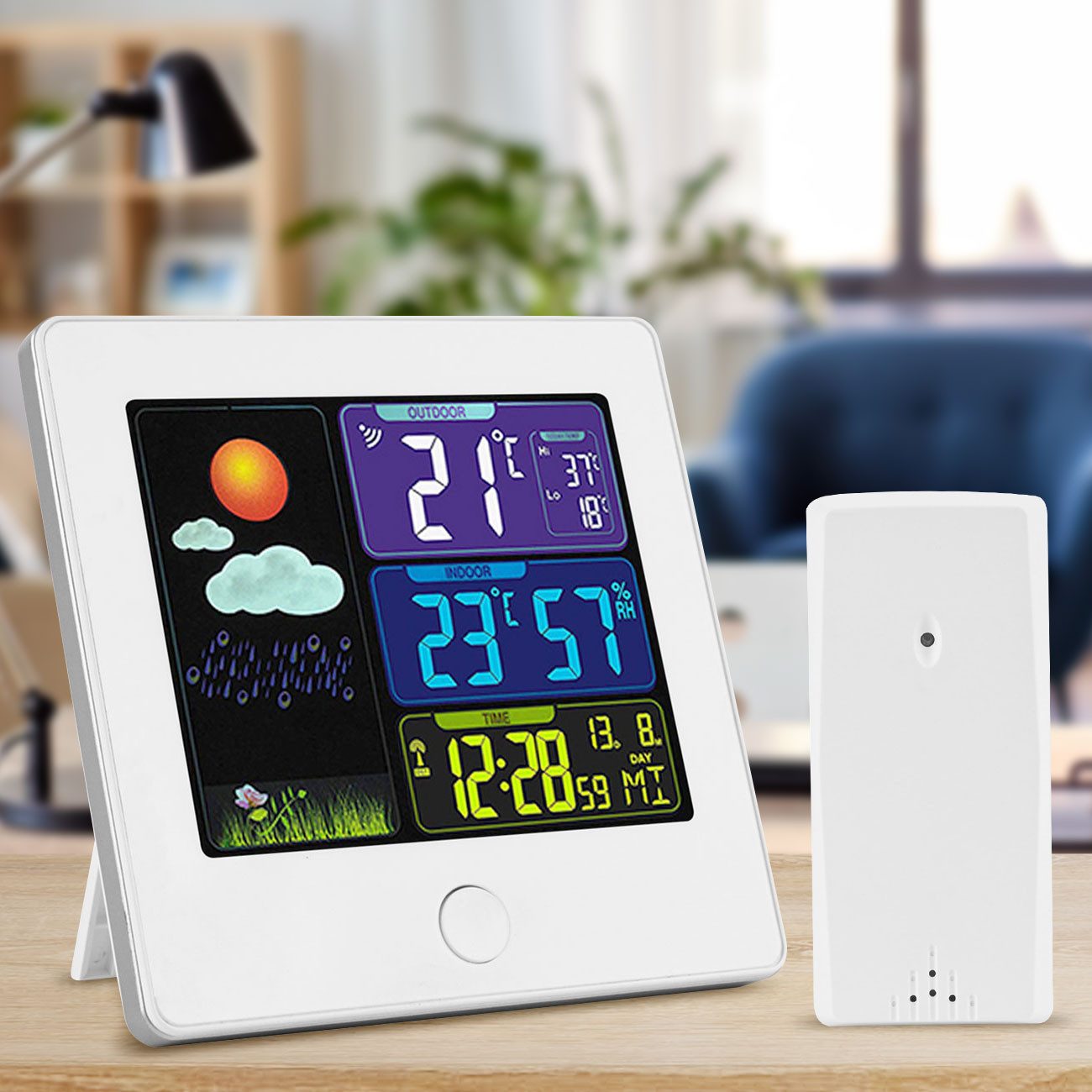 Casativo Funk-Wetterstation mit Außensensor, Farbdisplay, Wecker & Hygro Funkwetterstation (mit 60m Außensensor, Farbdisplay, …