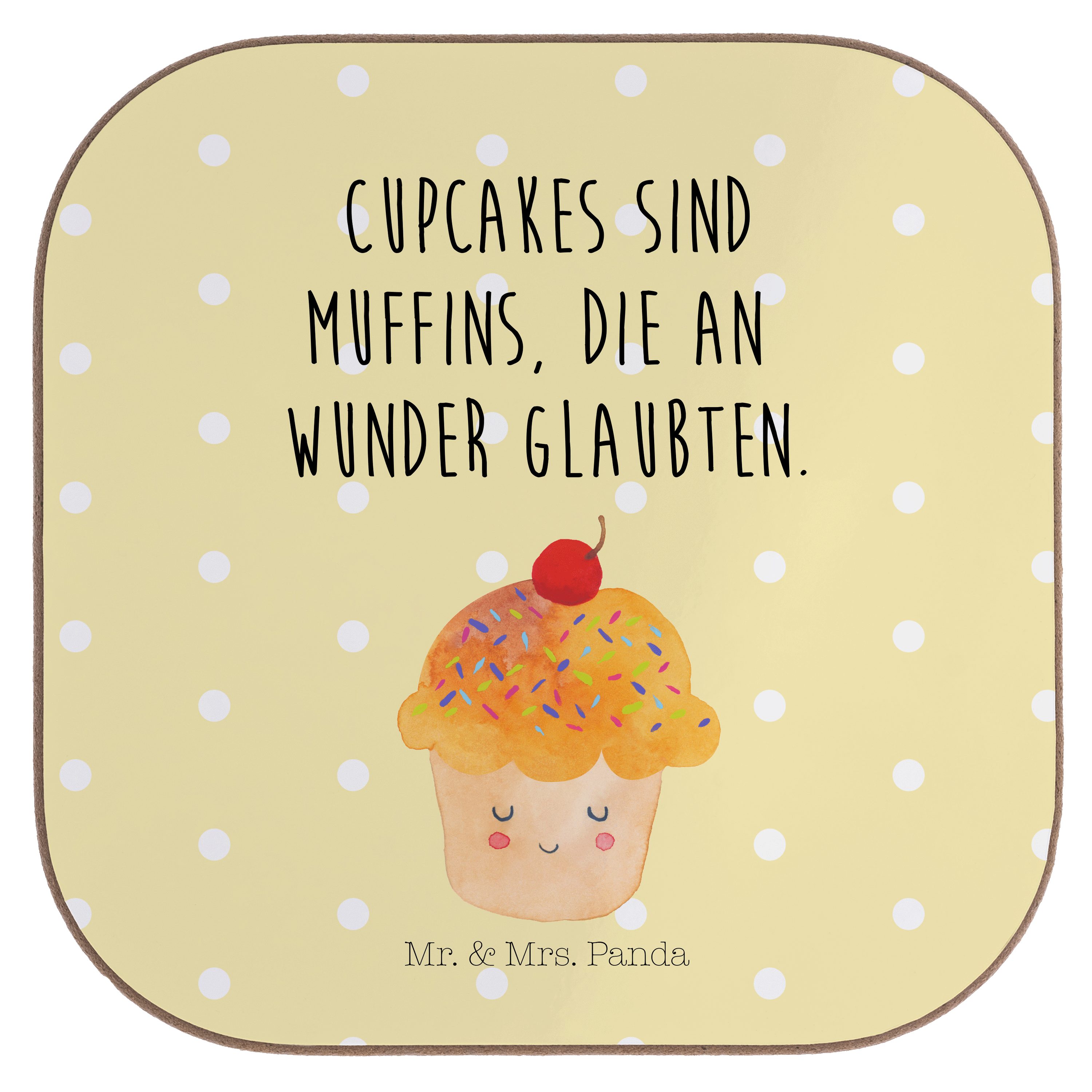 Mr. & Mrs. Panda Getränkeuntersetzer Cupcake - Gelb Pastell - Geschenk, Muffin, Cupcakes, Getränkeunterset, 1-tlg.