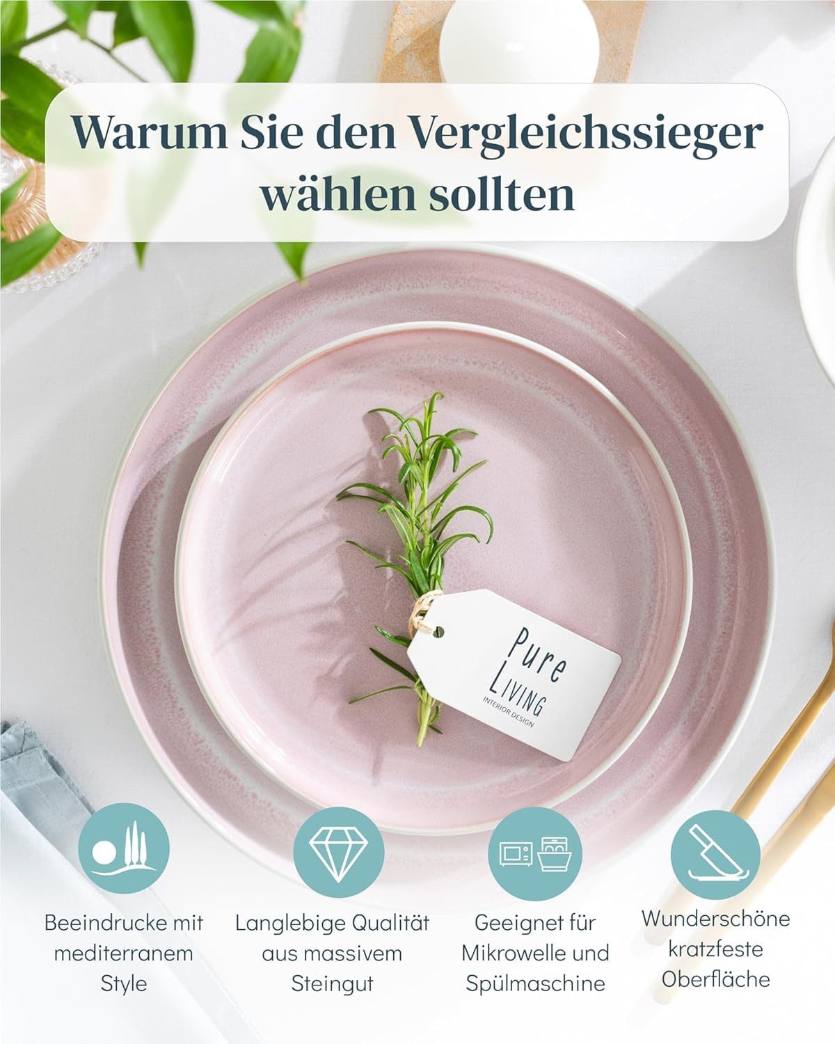 PURE LIVING INTERIOR DESIGN Geschirr-Set Ibiza aus Steingut, 48-tlg., für 12 Personen, Rose, 6 Personen, Steingut, Mediterrane Handwerksoptik, Reaktive Glasur – jedes Stück einzigartig…