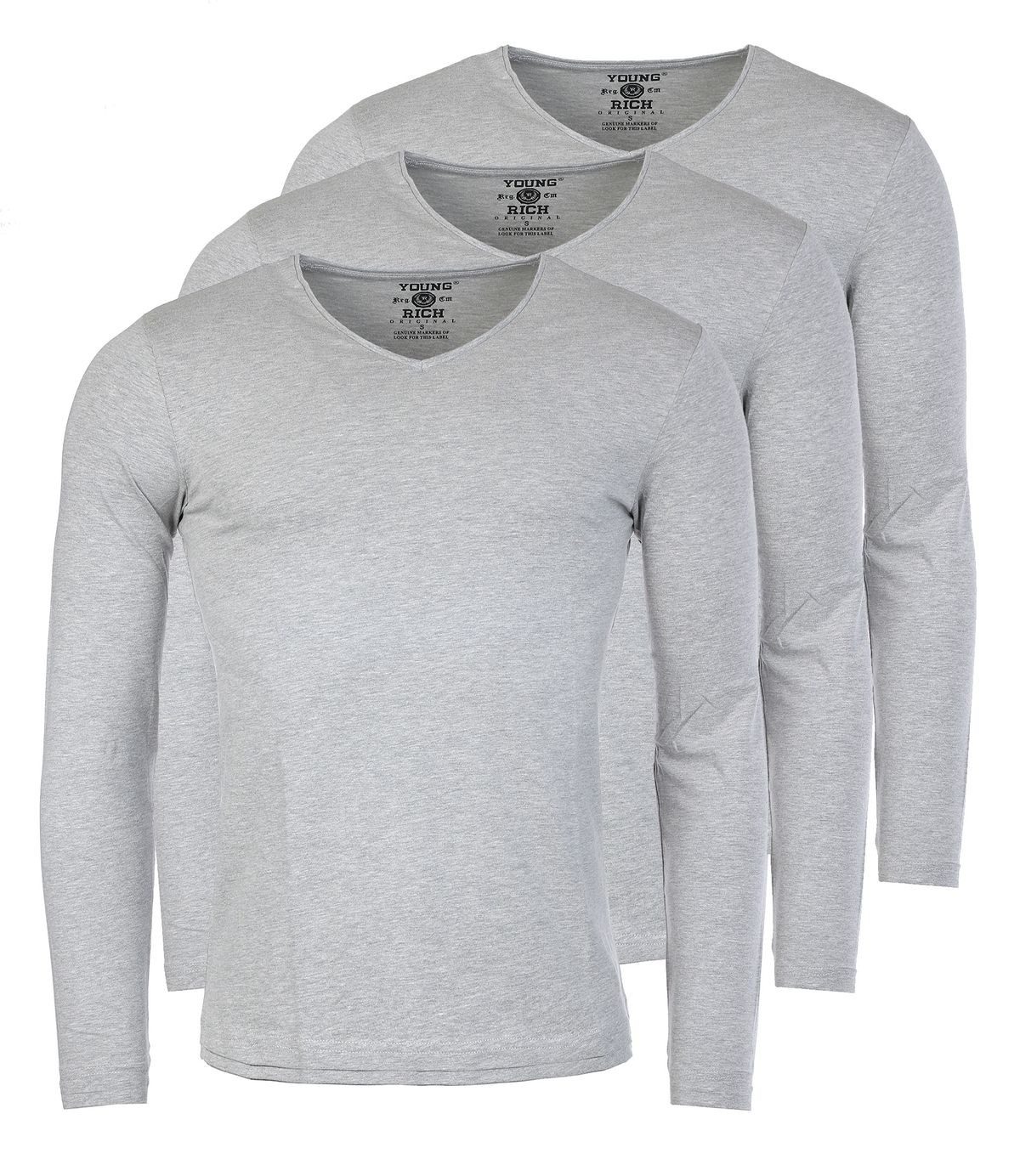 Young & Rich Langarmshirt Herren Uni Basic Longsleeve V-Ausschnitt Unterziehshirt 2001 3er Pack (3er-Pack, 3-tlg., 3er-Pack) V-Ausschnitt unifarben langarm slim fit