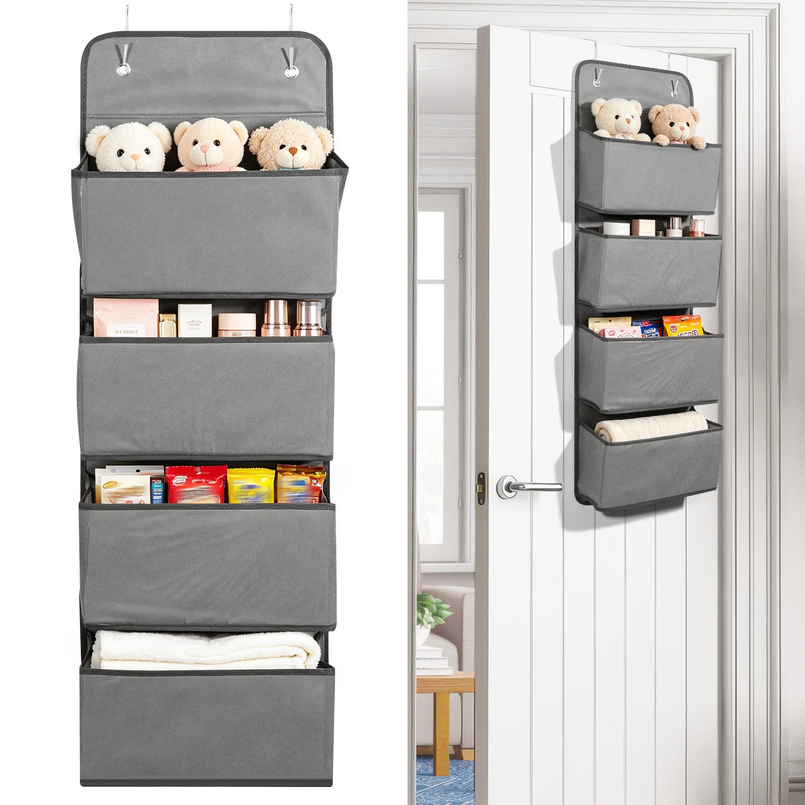 BlingBin Hängeaufbewahrung Hängeorganizer mit 4 Taschen, Platzsparendes Hängeregal (1er Set, 1 St., 1 x Hängeaufbewahrungstasche + 2 x Haken), Tür-Aufbewahrungs-Organizer, Faltbarer Kleiderschrank-Organizer, Grau