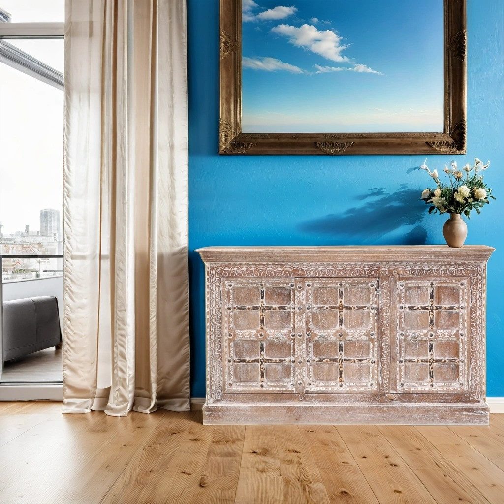 Marrakesch Orient & Mediterran Interior Sideboard Vintage Sideboard Hira handgefertigt aus Mangoholz in Beige-Weiß 90 cm (1 St), Handarbeit