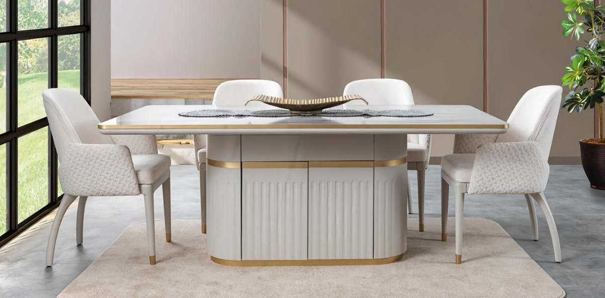 JVmoebel Essgruppe Hochglanz Esstisch mit Stühlen aus Edelstahl und Holz in Weiß, (5-tlg., 5tlg. Esszimmer Set (Esstisch + 4x Stühle), Made in Europa