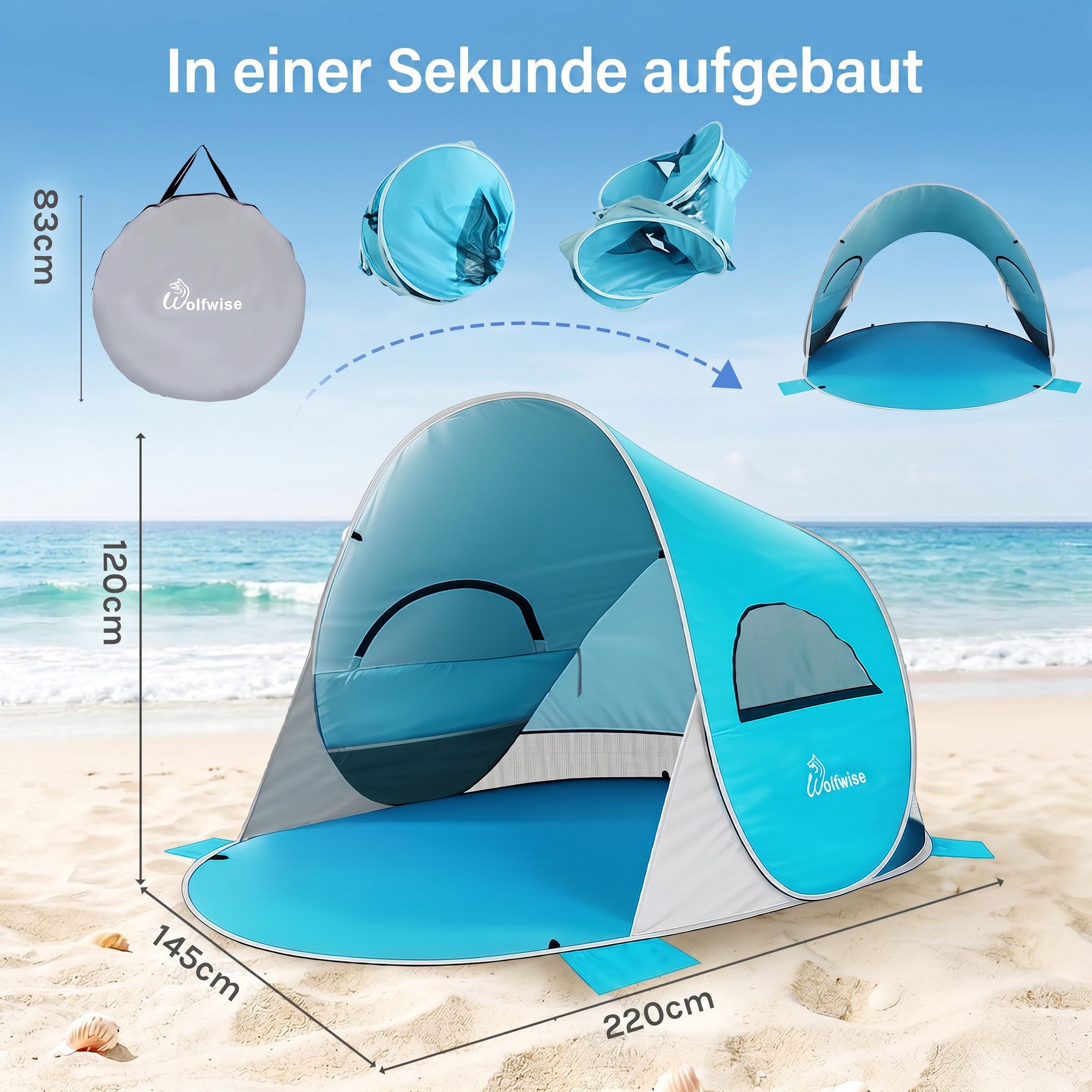 Wolfwise Kuppelzelt Strandmuschel Pop-Up Zelt mit UV-Schutz 50+, 2-6 Personen Strandzelt, Personen: 4 (Set, 1 x Zelt, mit Transporttasche), UV-Schutz 50+, Wasserabweisendes