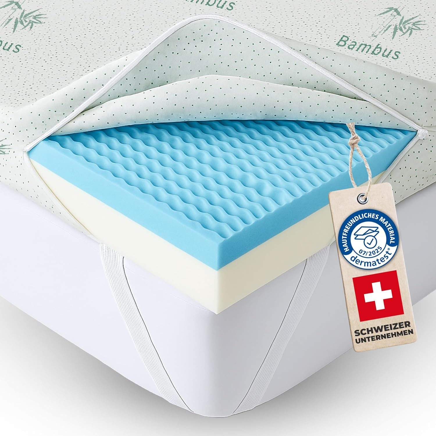 Welldora, Цилиндр – Ideal für unbequeme Matratze, Schlafsofa & Boxspringbett, 8 cm hoch, - Memory Foam, (Wendbar mit 2 Härten, orthopädischer 5-Zonen-Matratzentopper, Bambus & fachärztlich geprüft)