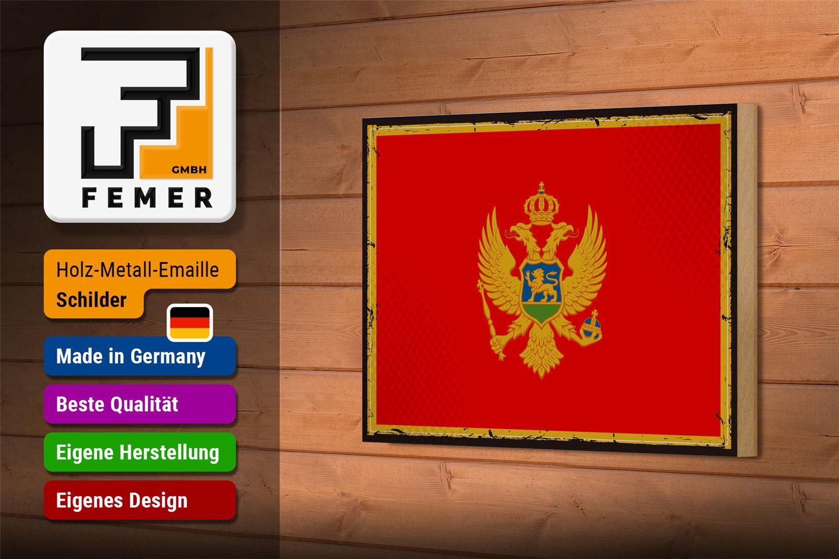 Femer GmbH Holzbild Flagge Montenegro 18x12cm Retro Flag Montenegro, Flaggen (1 St), Glatte Holzfaserplatte (MDF), vorn beschichtet