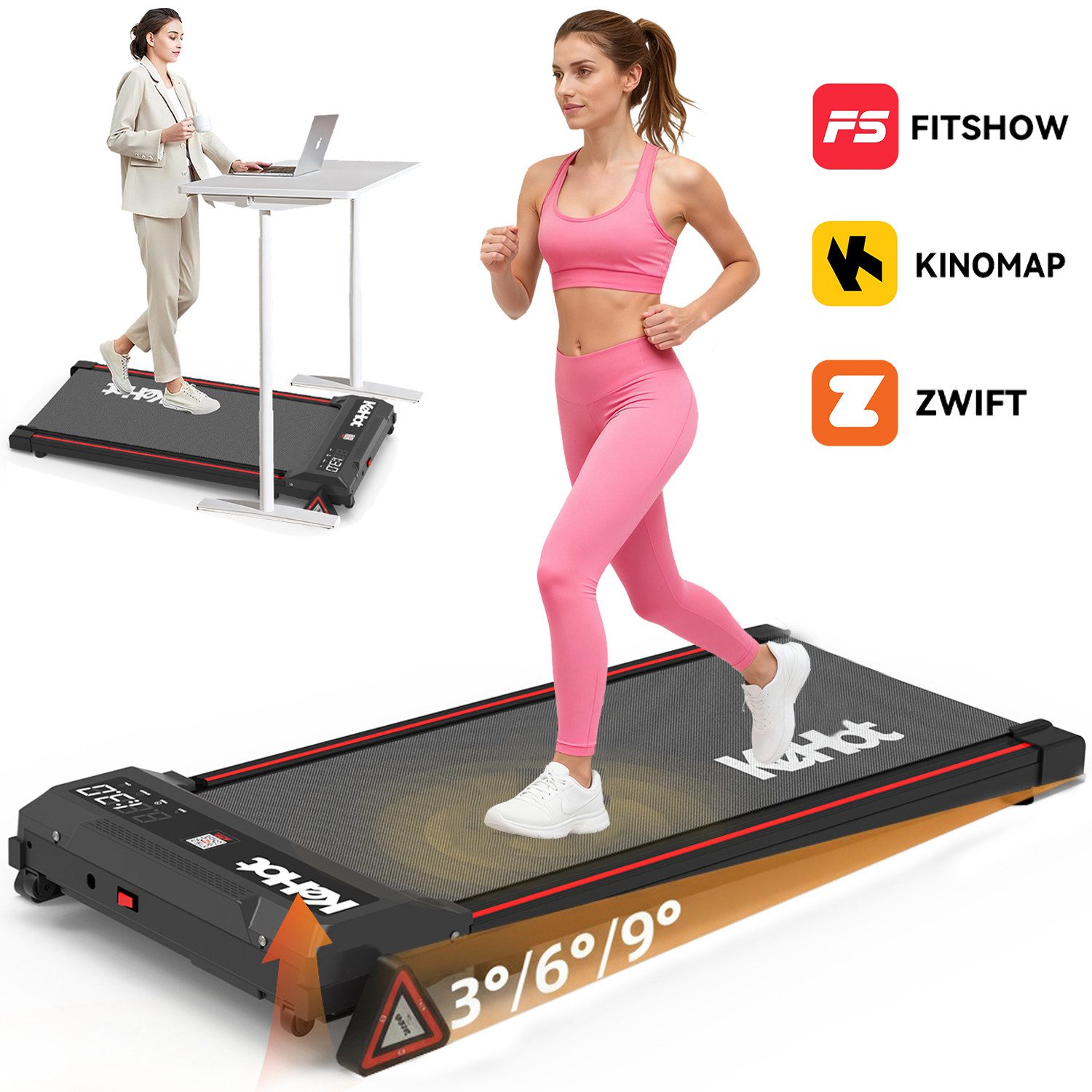 kehot Laufband Flaches Walking Pad mit 3 Steigung( 3°/6°/9°)  (Laufband 1–6 km/h für Homeoffice & Zuhause, Leiser 2,5 PS Motor mit LED-Display für Zeit & Kalorien), Bluetooth Laufband kompatibel mit Trainings-Apps