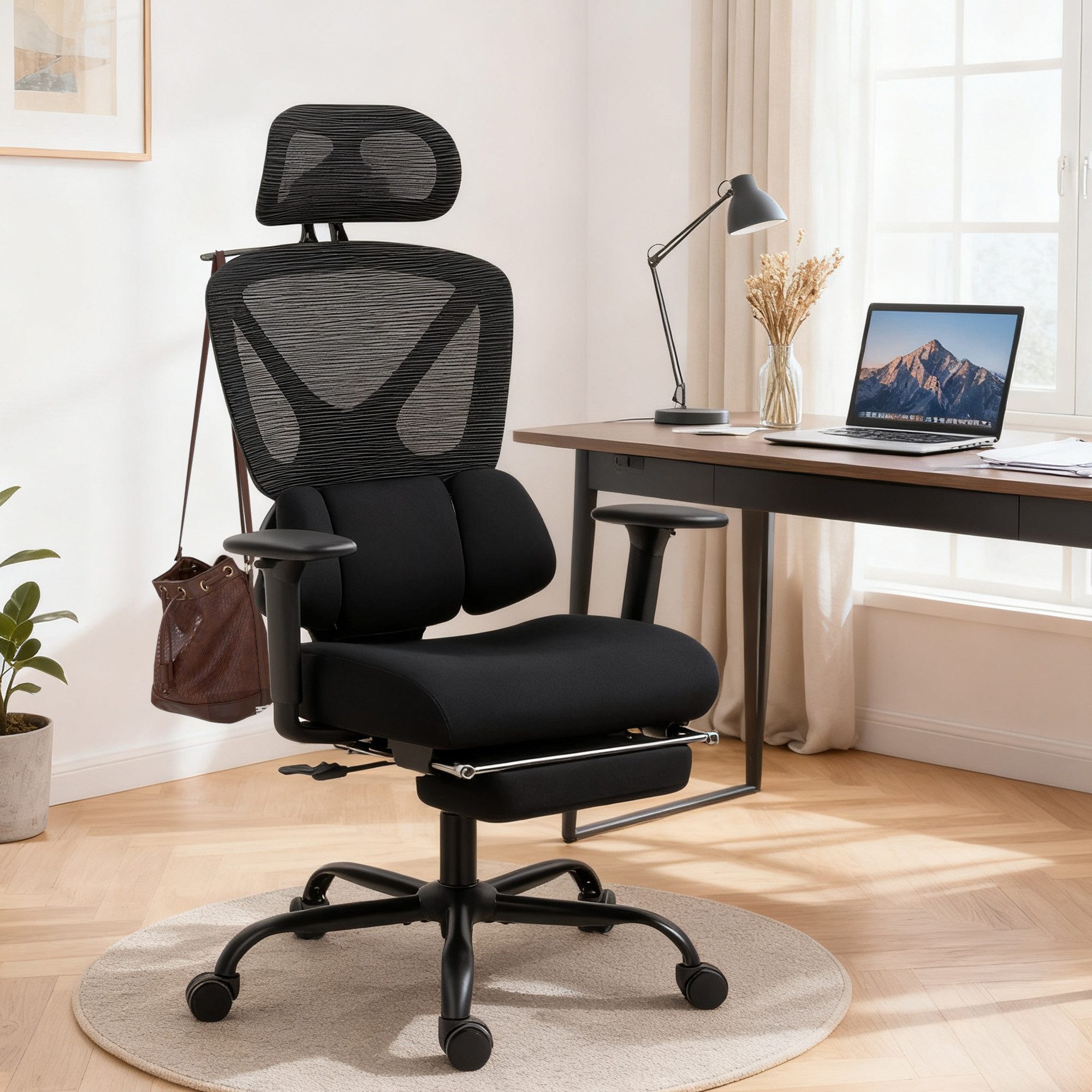 HOMCOM Bürostuhl Schreibtischstuhl mit Netzstoff-Rückenlehne (Drehstuhl, 1 St), für Arbeitszimmer, Büro, Schwarz