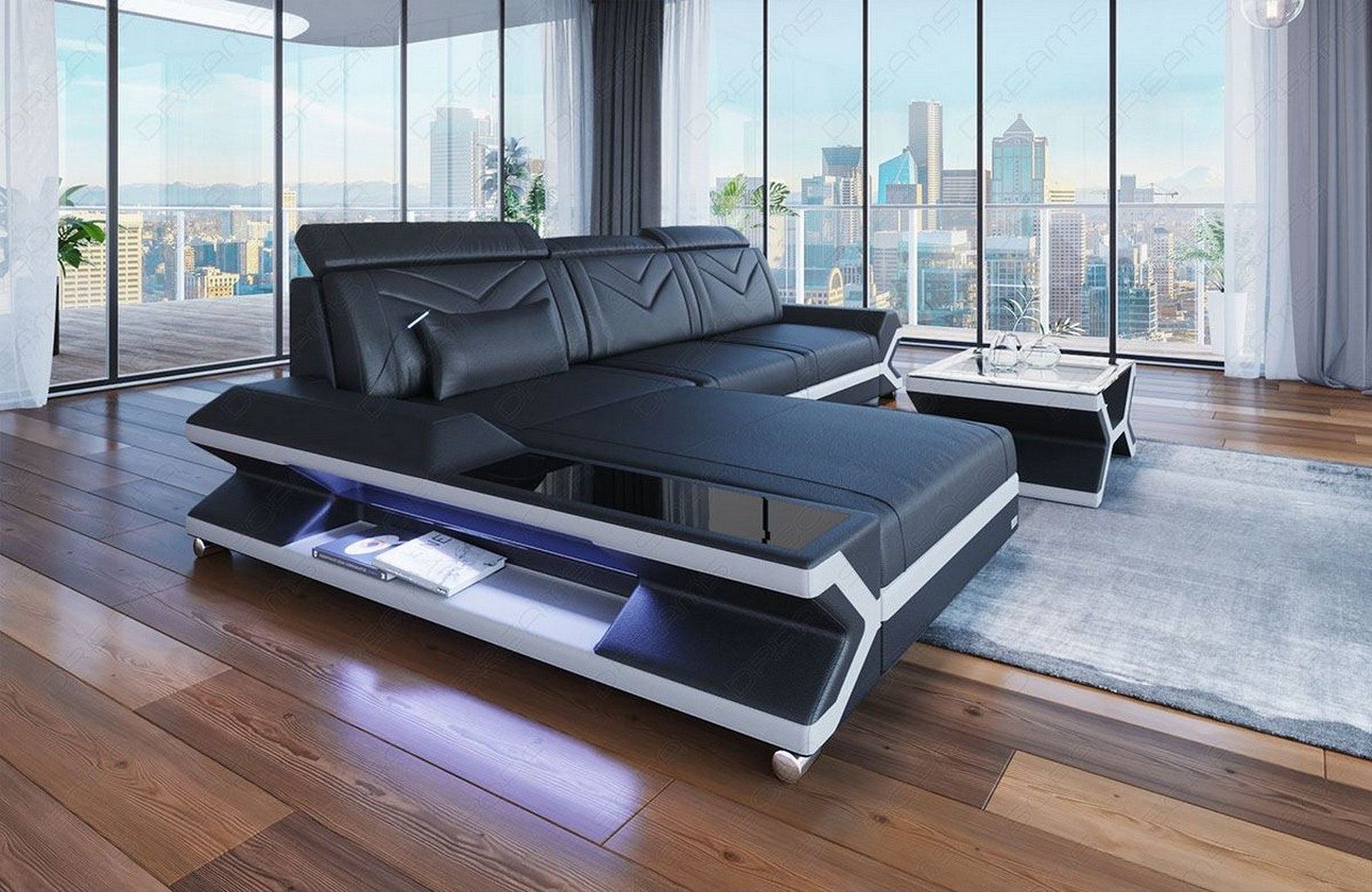 Sofa Dreams Ecksofa Napoli L Form Leder, Ottomane frei ausrichtbar, USB, opt. Bettfunktion, LED, 4-Sitzer