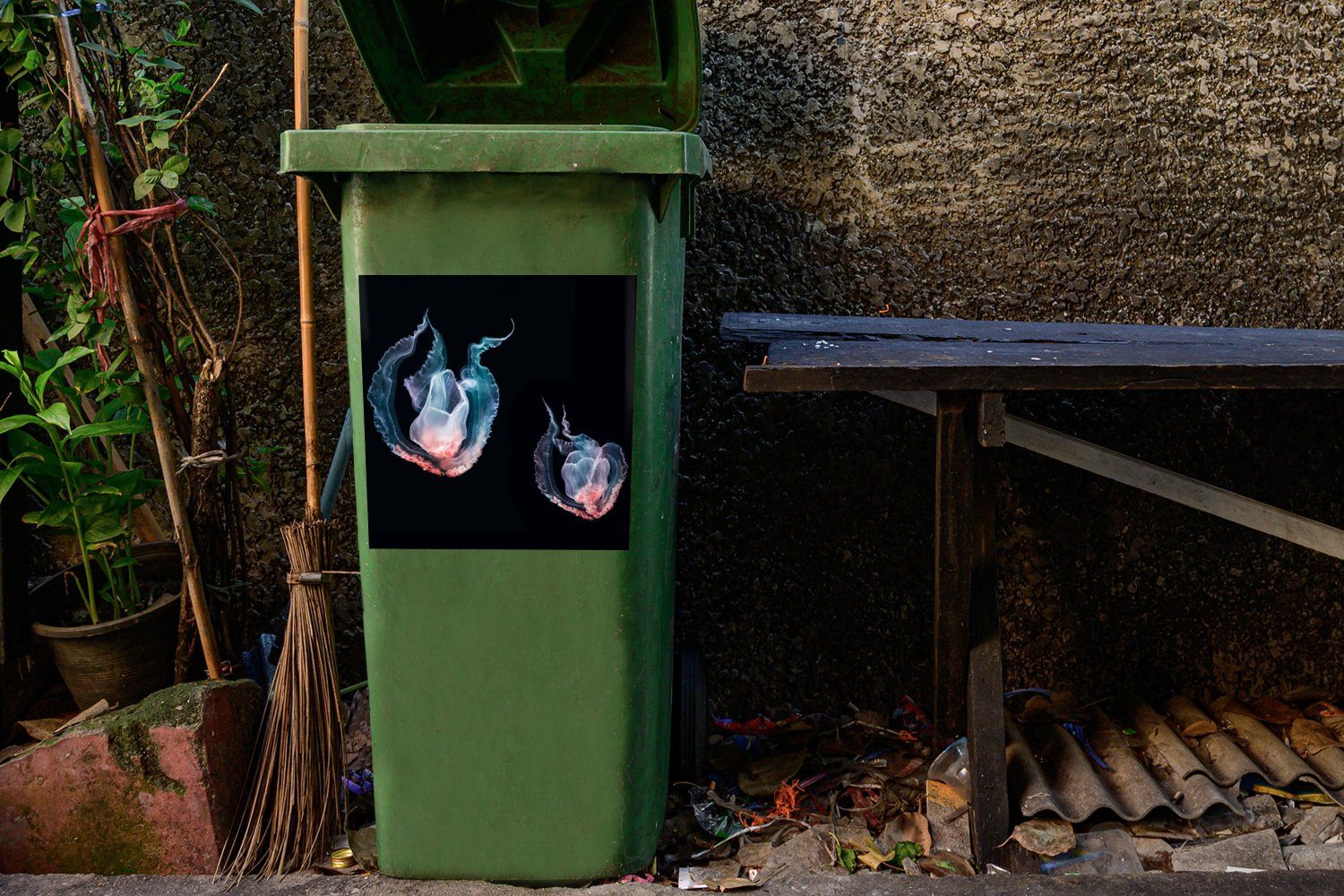 Container, Schwarz - Meerestiere Mülleimer-aufkleber, St), MuchoWow Mülltonne, Quallen Wandsticker Sticker, (1 Abfalbehälter -