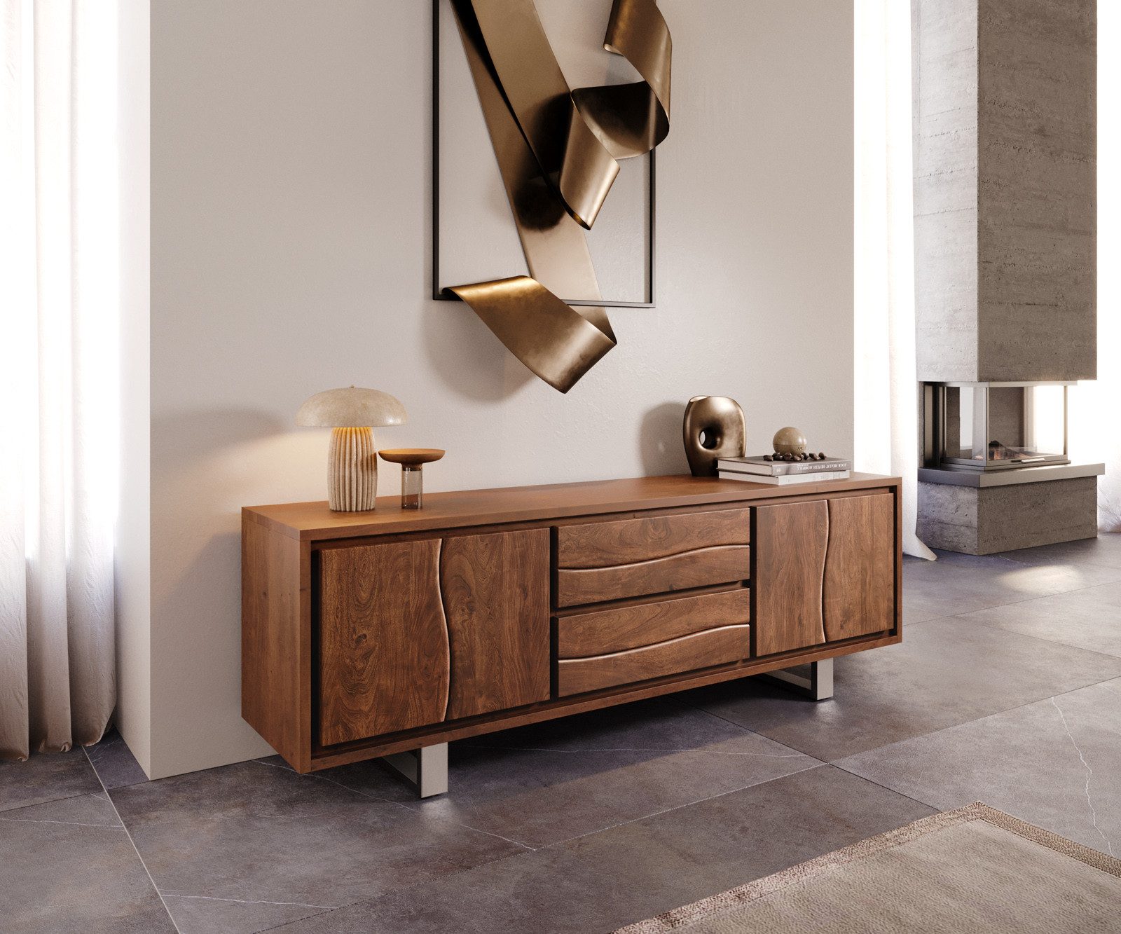 DELIFE Lowboard Live-Edge, Akazie Braun 200 cm 4 Türen 2 Schübe Baumkante L günstig online kaufen