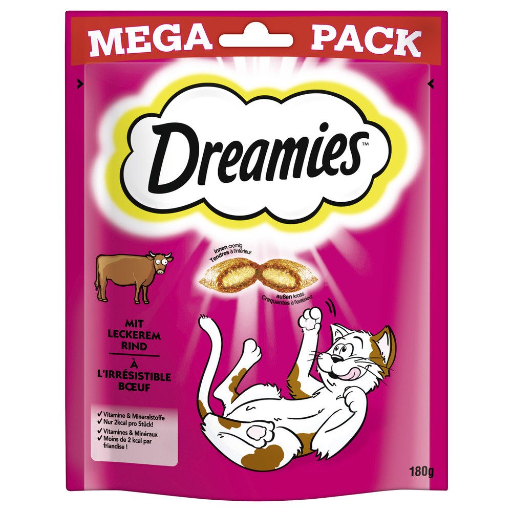 Dreamies Mega Pack mit leckerem Rind 180 g - 4 Stück, Snack für: Katze