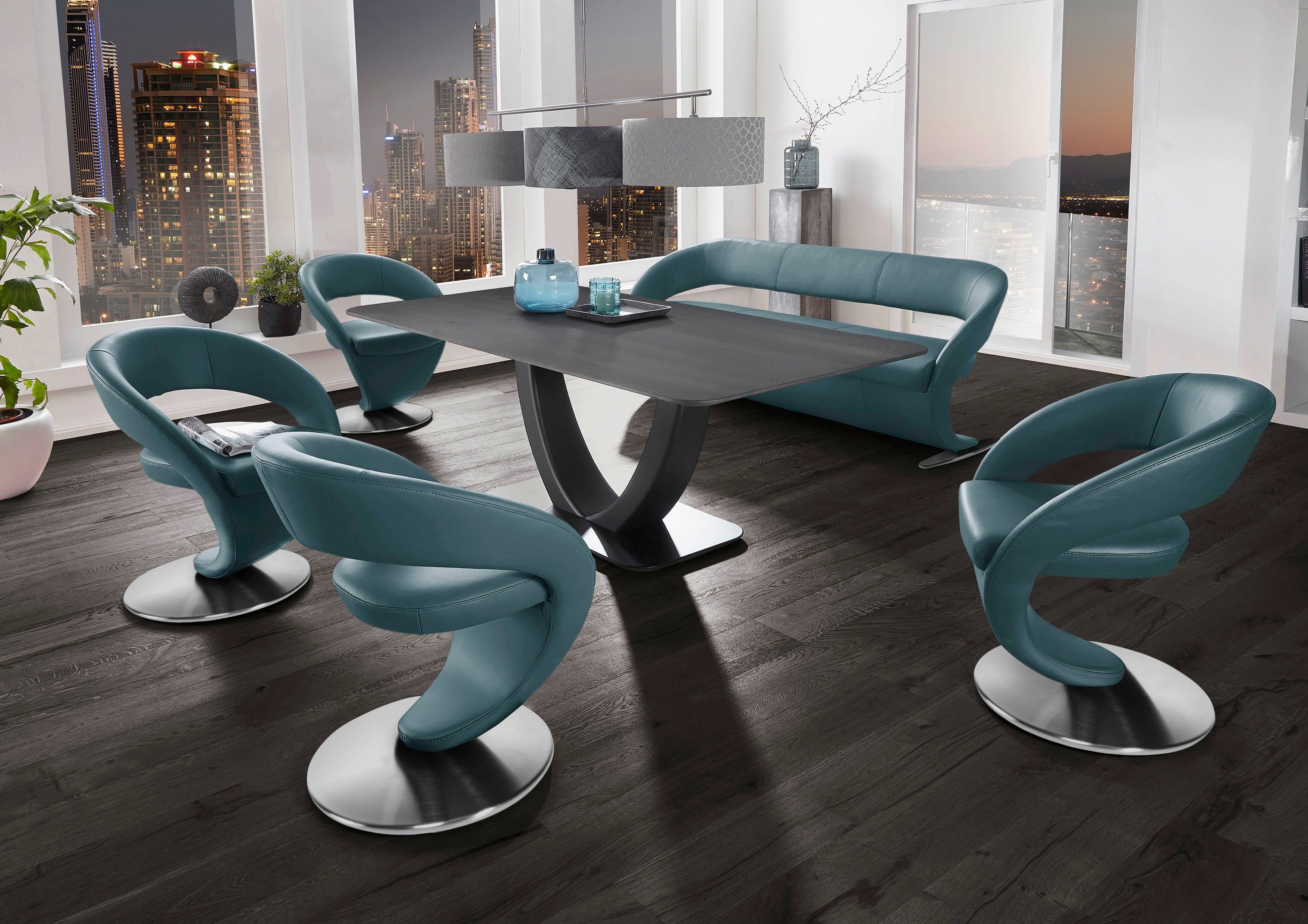 K+W Komfort Design-Solobank Tisch & und 4 (Set), mit Wohnen Design-Drehstühlen Essgruppe Wave, in 180x90cm