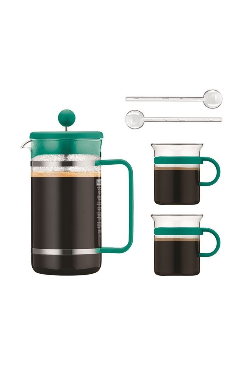 Bodum Kunststoff Permanentfilter, Bistro, mit 2 Kanne silberner Glastassen 0,2 Liter, 2 Kaffeelöffel aus Set, Press French
