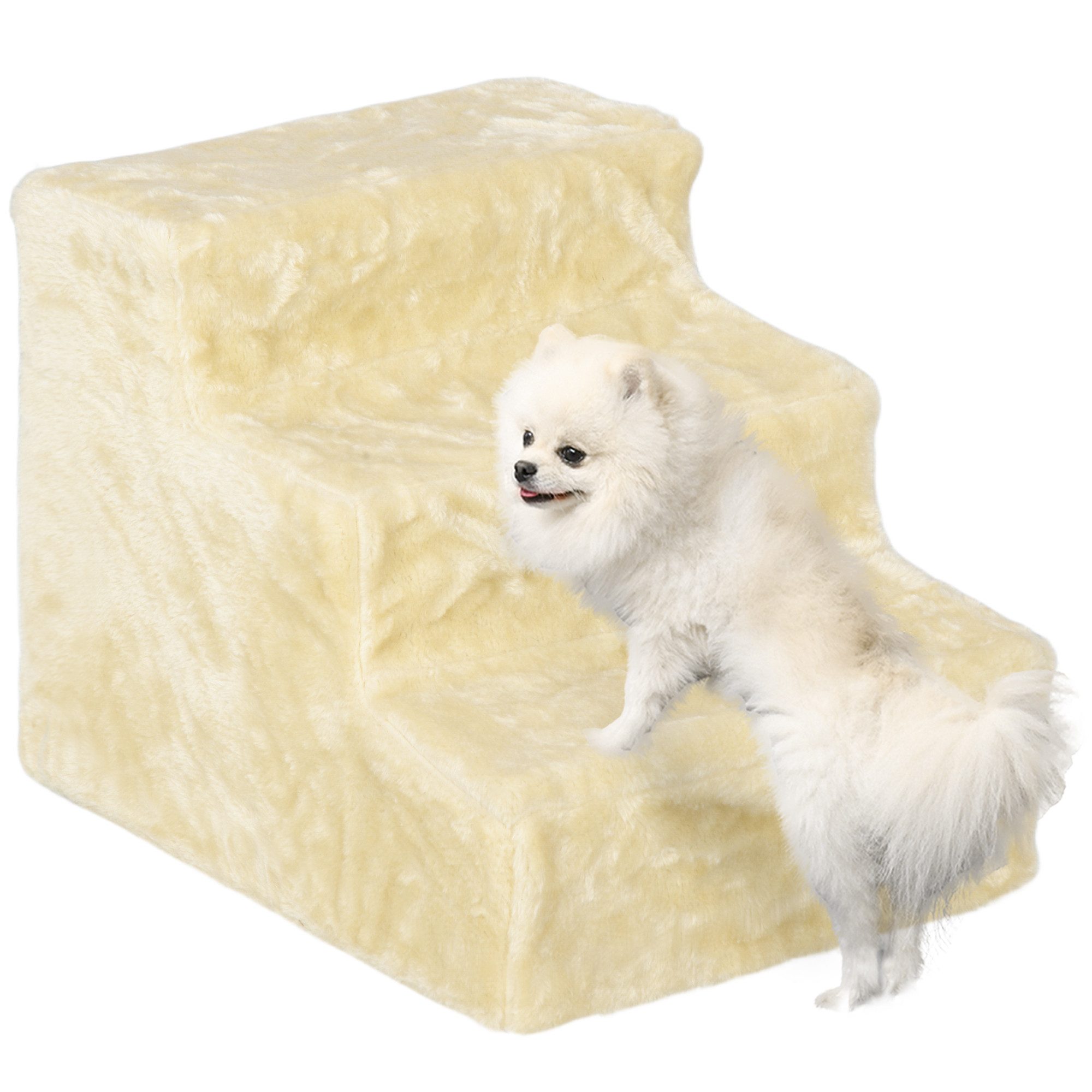 PawHut Haustiertreppe 3 Stufen Hunderampe für Kleine Hunde mit Waschbar Bezug (Katzentreppe, 1-St., Hundetreppe), Beige, 46 x 35 x 35 cm