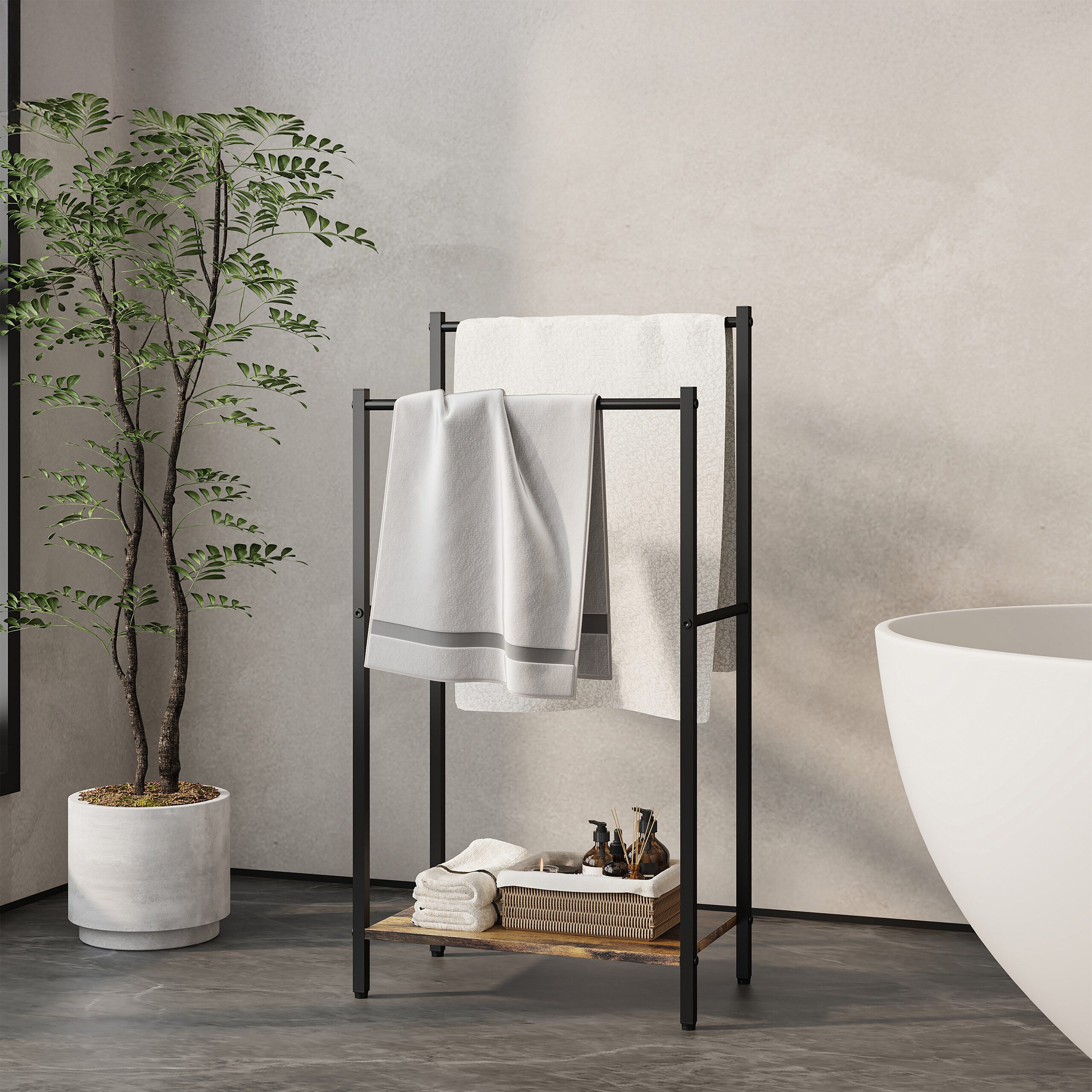 relaxdays Handtuchständer mit Ablage, Industrial-Schwarz
