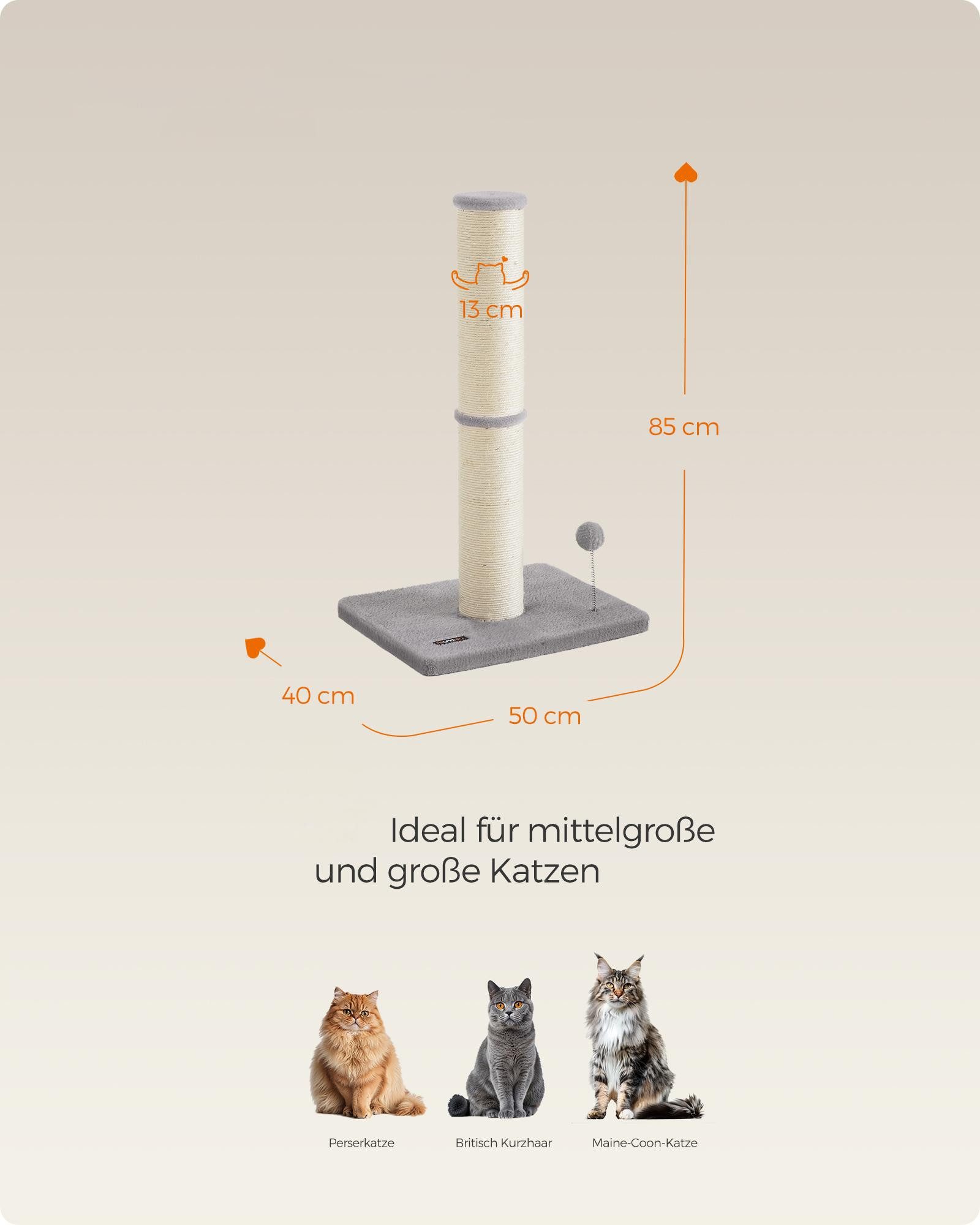 FEANDREA Kratzbaum 85 cm hoch, Katzenbaum, Sisalstamm, mit Plüschball und Glocke, XL, 13 cm dicker Stamm, Kratzstamm für mittelgroße und große Katzen