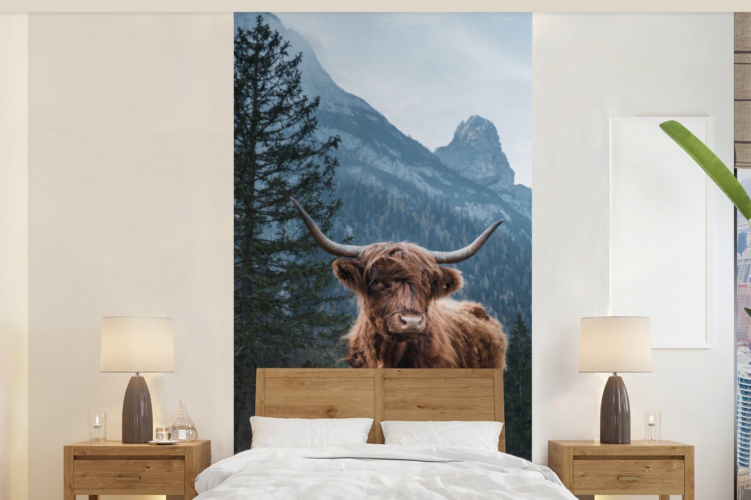 Fototapete - Kuh - Vliestapete Schlafzimmer bedruckt, Fototapete Highlander MuchoWow Berg Küche, für (2 St), Bäume - Landschaft Schottische Natur, - Matt, Wohnzimmer -