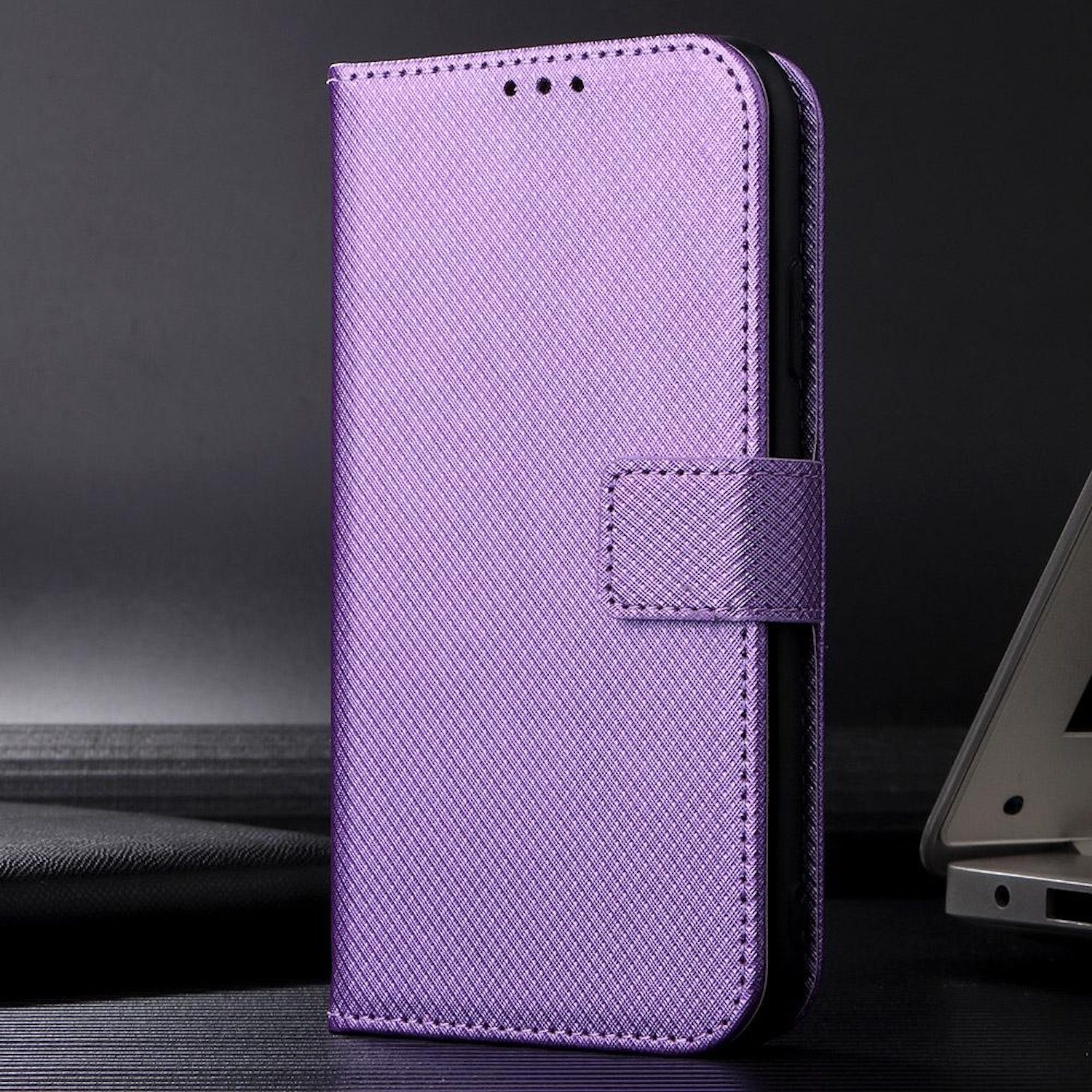 Wigento Smartphone-Hülle Für ZTE Blade A35 Lite Design Book Wallet Kunstleder Hülle Tasche Lila, Diamantstruktur Kunstleder Hülle mit Kartenfächern und Standfunktion