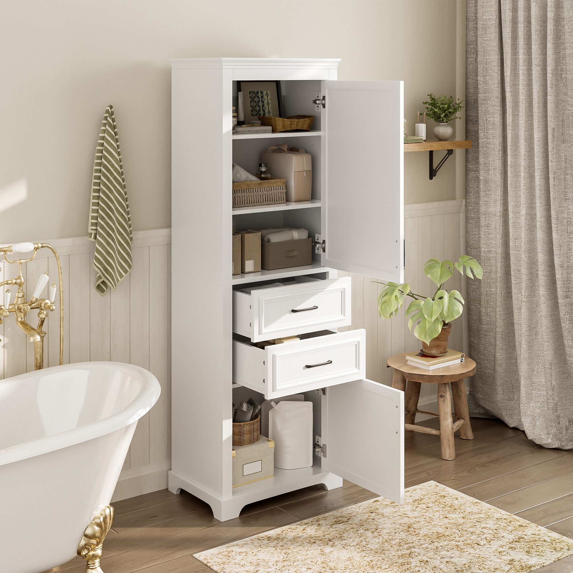 REDOM Hochschrank Badezimmerschrank (Badezimmer-Hochschrank mit 2 Schubladen Weiß, 1-St., 60 × 40 × 180 cm)