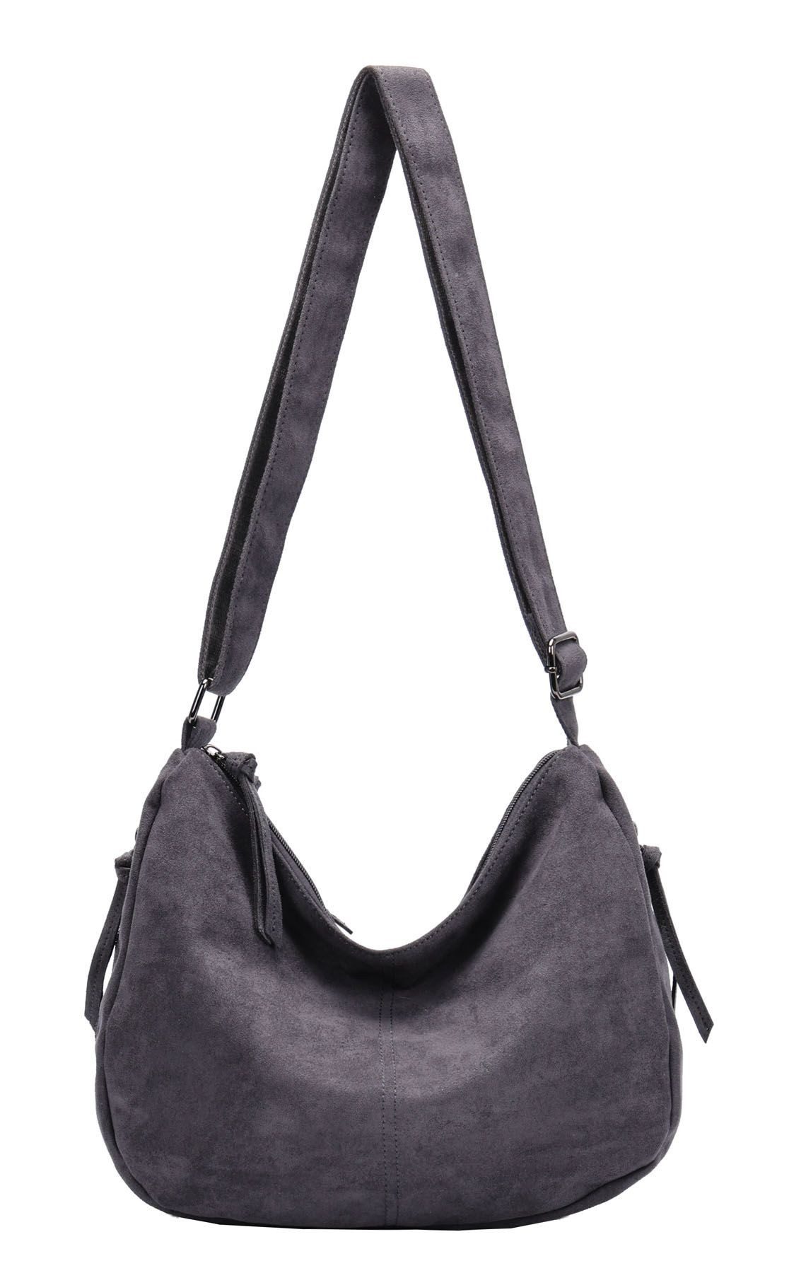 ITALYSHOP24 Schultertasche Damen Tasche Crossbody Shopper Umhängetasche BodyBag Samt Freizeit Bag, 2xFach Fächer Henkeltasche Wildleder-Optik Hobo Bag Beutel City Bag
