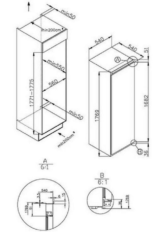 Candy Einbaukühlschrank CFBO3550E/N, 176,9 cm hoch, 54 cm breit,  Einbaukühlschrank für 178er Nische