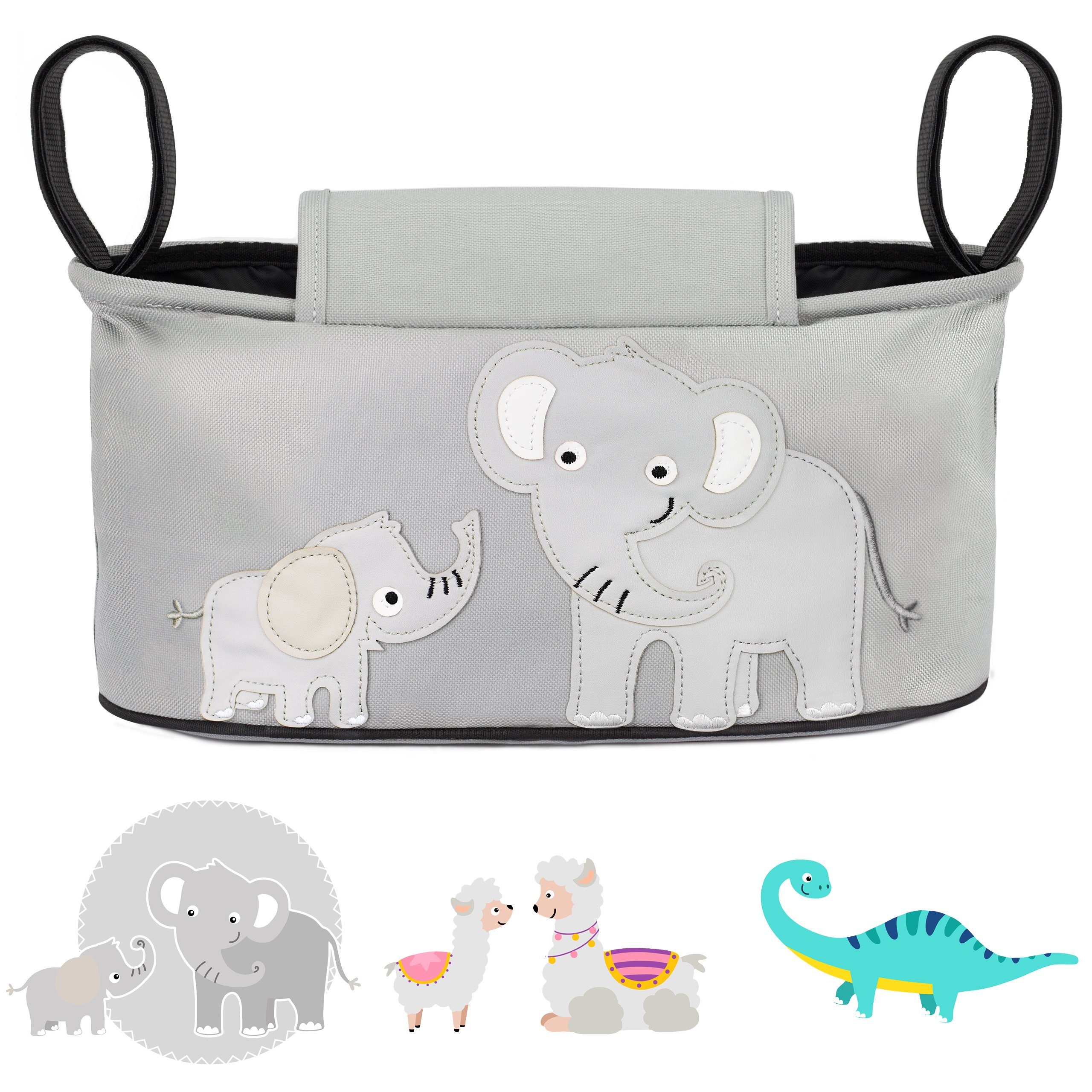 GLÜCKSWOLKE Kinderwagen-Tasche in Grau oder Schwarz I 6 Motive I Kinderwagentasche & Buggy Organizer, Kinderwagen Tasche mit Getränkehalter und Feuchttücherfach