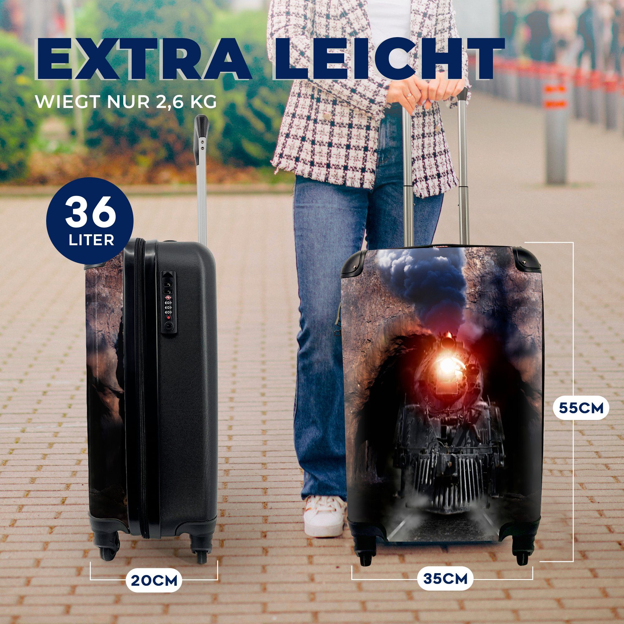 der Handgepäckkoffer Handgepäck für aus mit Reisekoffer Tunnel Rollen, MuchoWow Trolley, rollen, 4 kommt, einem Reisetasche Ferien, Dampfzug,