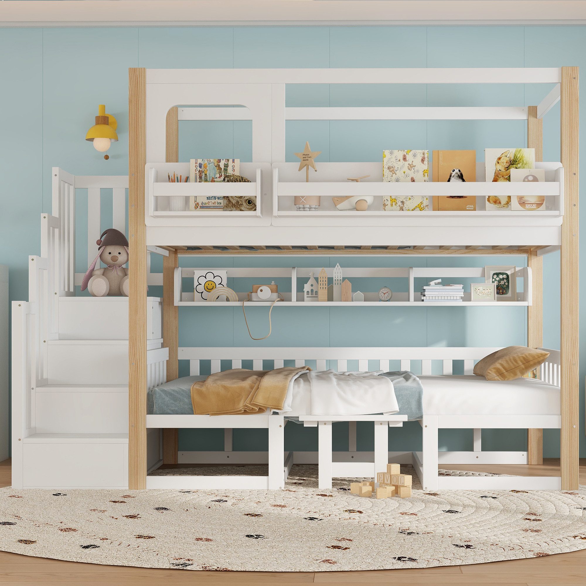 Flieks Etagenbett, Umwandelbares Kinderbett 90x200cm mit verstellbarem Tisch & Stautreppe