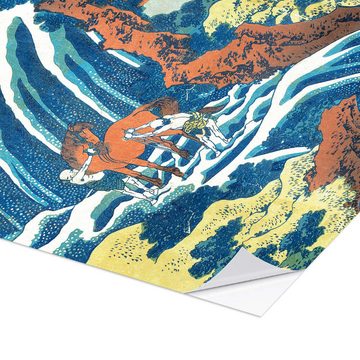 Posterlounge Wandfolie Katsushika Hokusai, Zwei Männer waschen ein Pferd an einem Wasserfall, Malerei