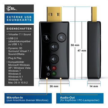 CSL USB-Soundkarte 7.1 Surround, Extern, Virtual Surround, Funktionstasten, Dynamic 3D Surround Sound