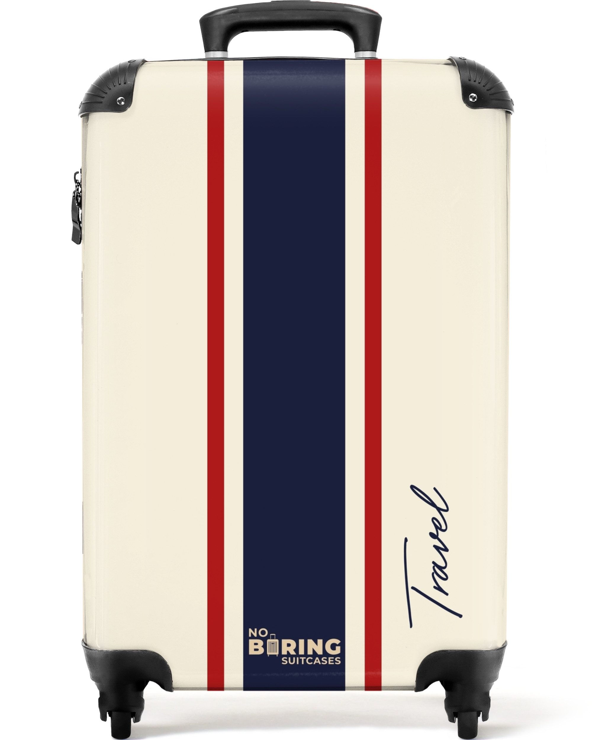 NoBoringSuitcases.com© Hartschalen-Trolley Cremefarbener Hintergrund mit zentralem dreifarbigen Streifen und Text, Reisetasche mit Rollen, Koffer Handgepäck Flugzeug