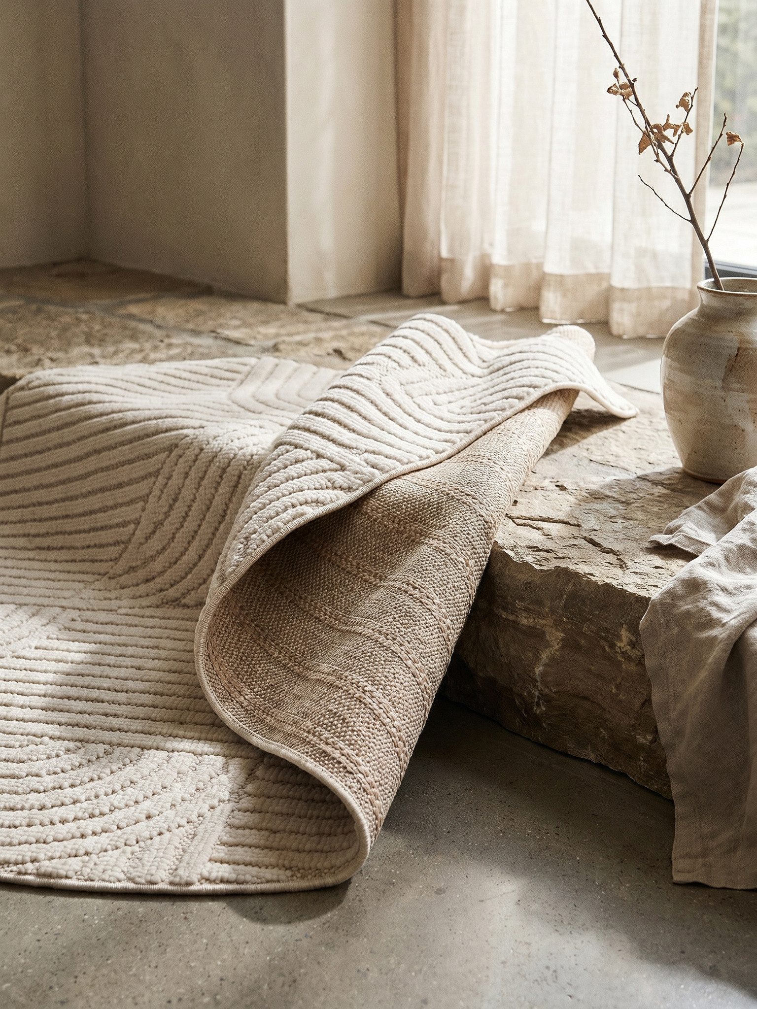 KADIMA DESIGN Teppich LANGAU Flachgewebe Hoch-Tief 3D Bögen Waschbar Wohnzimmer, Rund, Höhe: 7 mm, Creme, 80x80 cm, Saugroboter OEKO-TEX Fußbodenheizung Strapaz – Bild 3 von 5