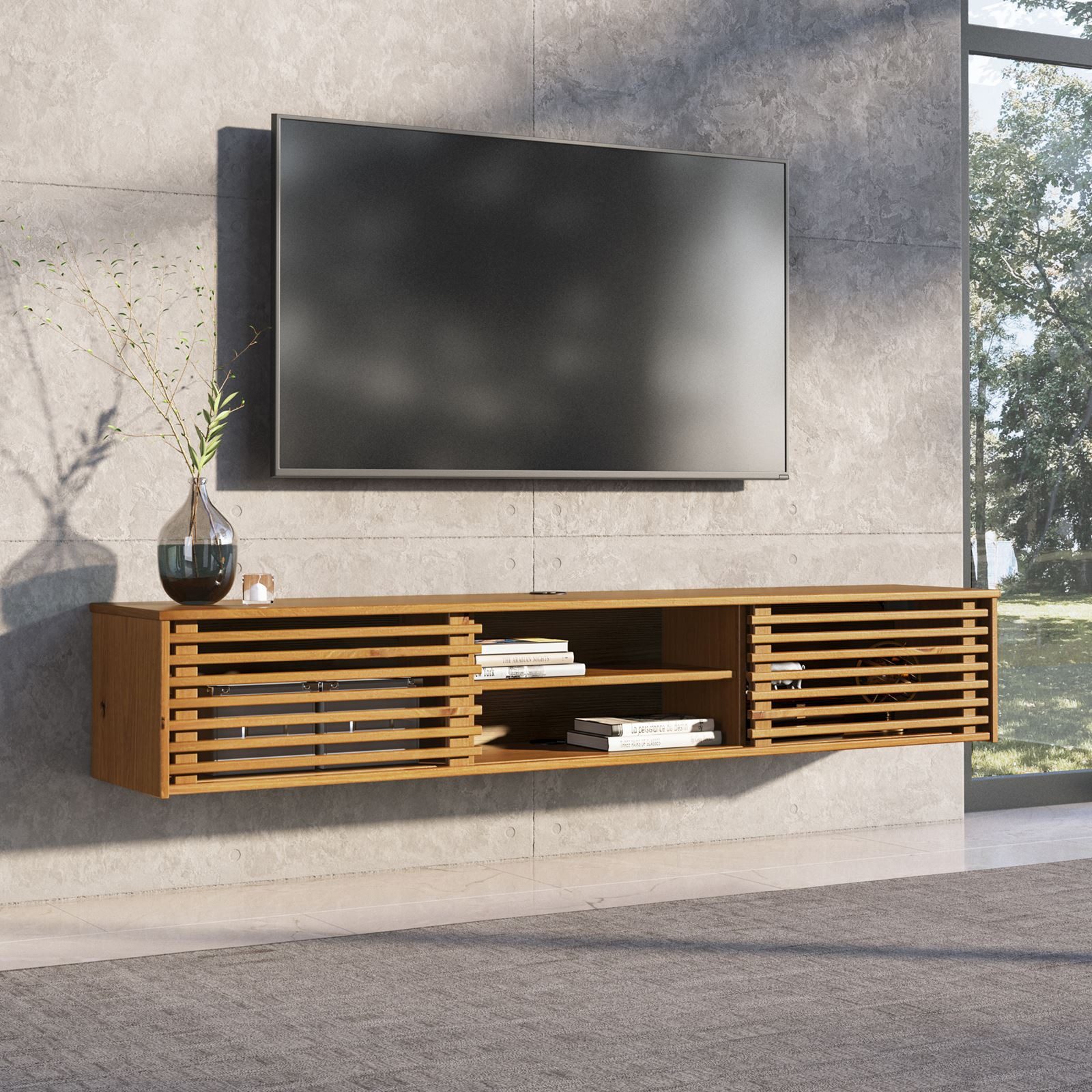 IDIMEX Lowboard RIAN, TV Lowboard hängend aus Massivholz mit Lamellentüren Eiche Finish