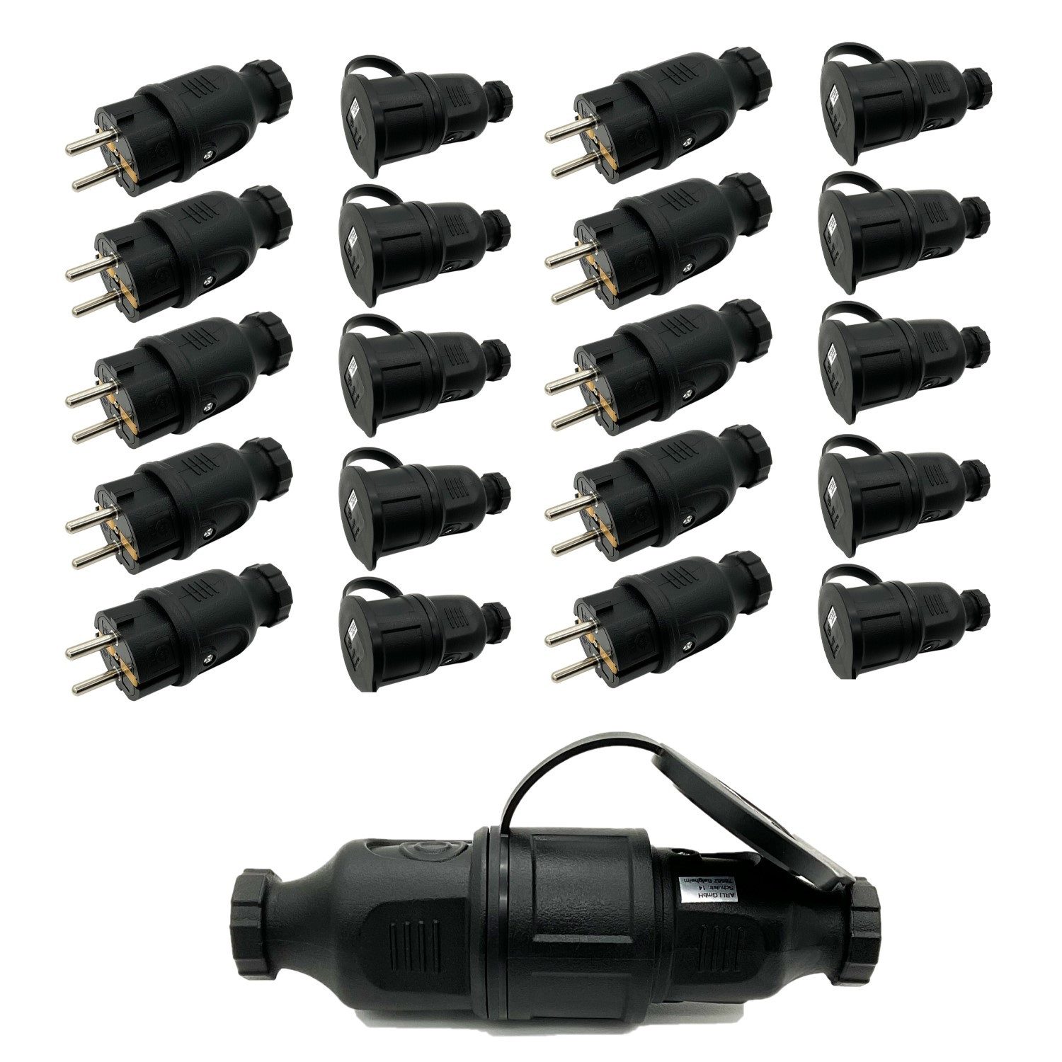 ARLI 10x Schutzkontaktstecker + 10 x Schutzkontaktkupplung Schuko Stromadapter, IP44 Schutzkontakt Stecker Kupplung Buchse Stromkabel Verlängerung