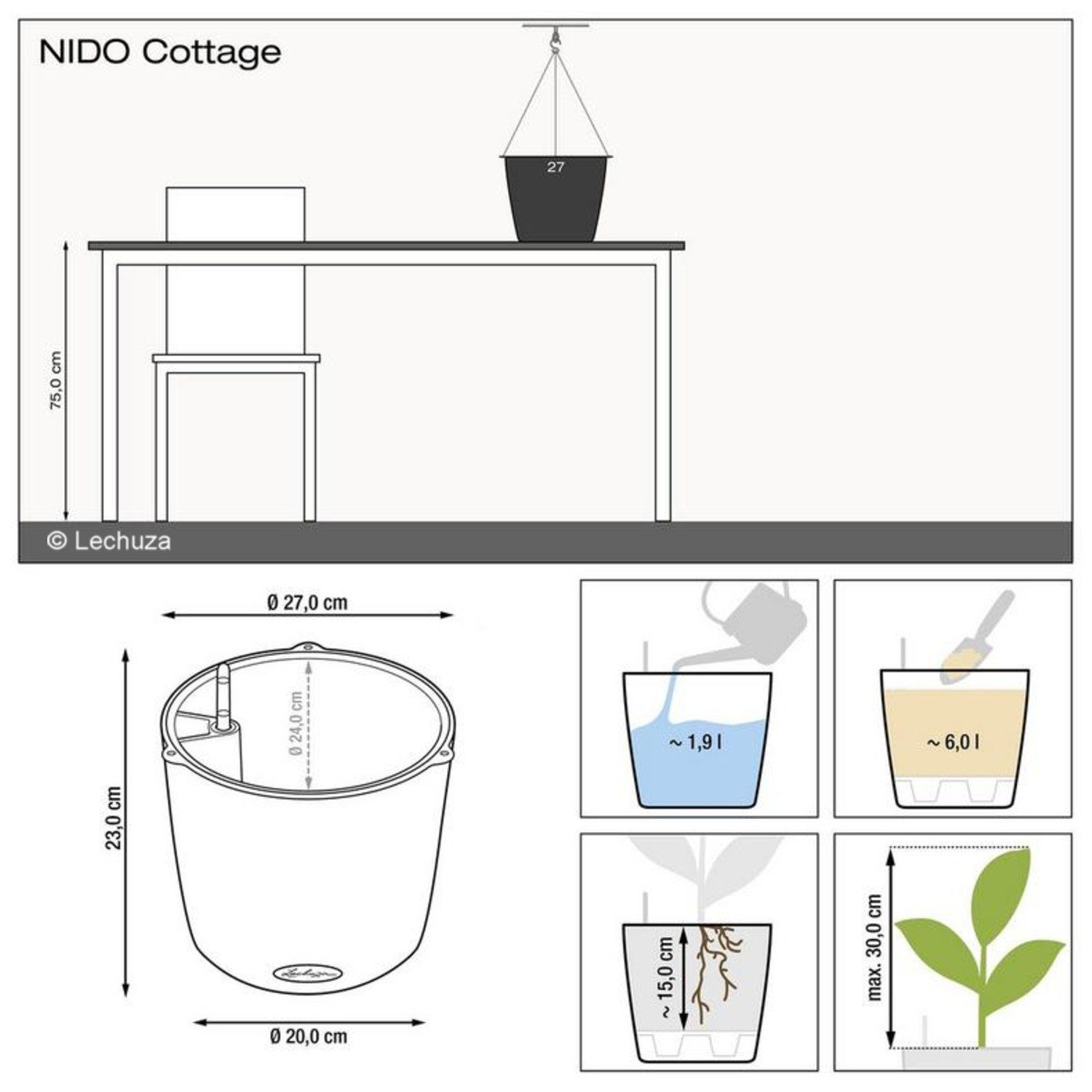 Lechuza® Blumentopf Hängeampel Nido Cottage granit