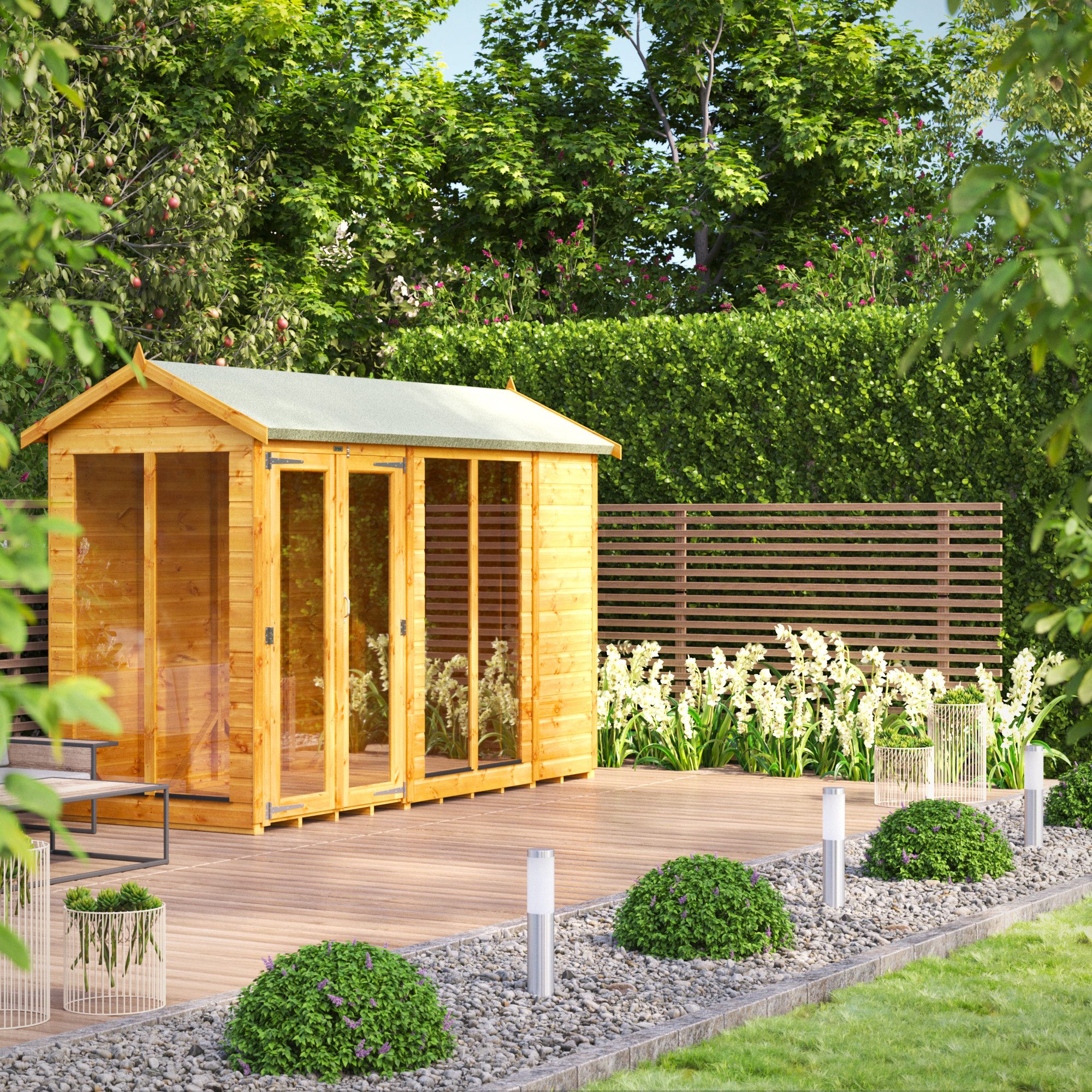 Powersheds Gartenhaus Sommerhäus mit Satteldach aus Nut- und Feder Vollholz, BxT: 300x120 cm, (Polyester-verstärkte Dachpappe, gehärtetes Glas, hochwertiges Holz), Hochwertiges Holz